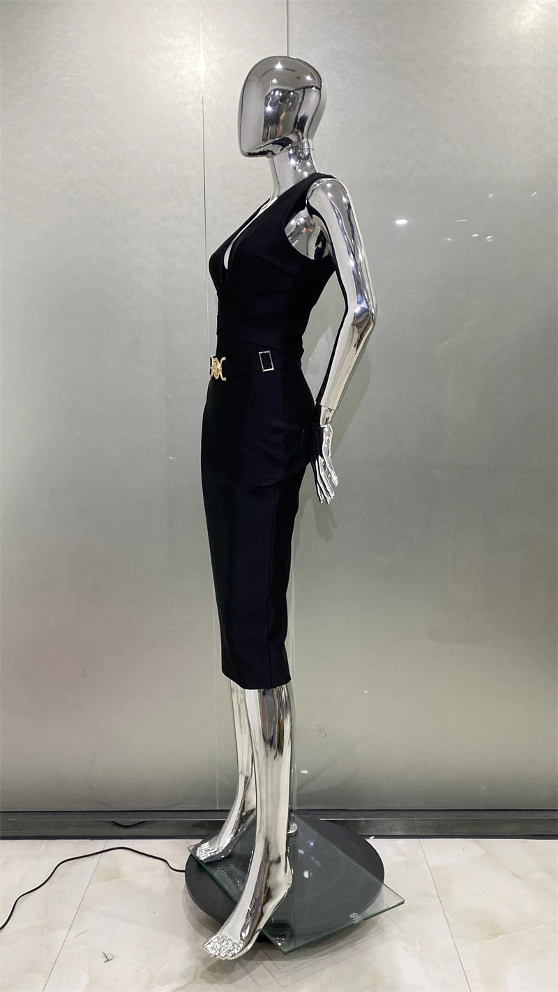 Women Sleeveless Sexy V-Neck Bodycon Midi Bandage Dress Fashion Celebrate Nightclub Party Birthday Dress