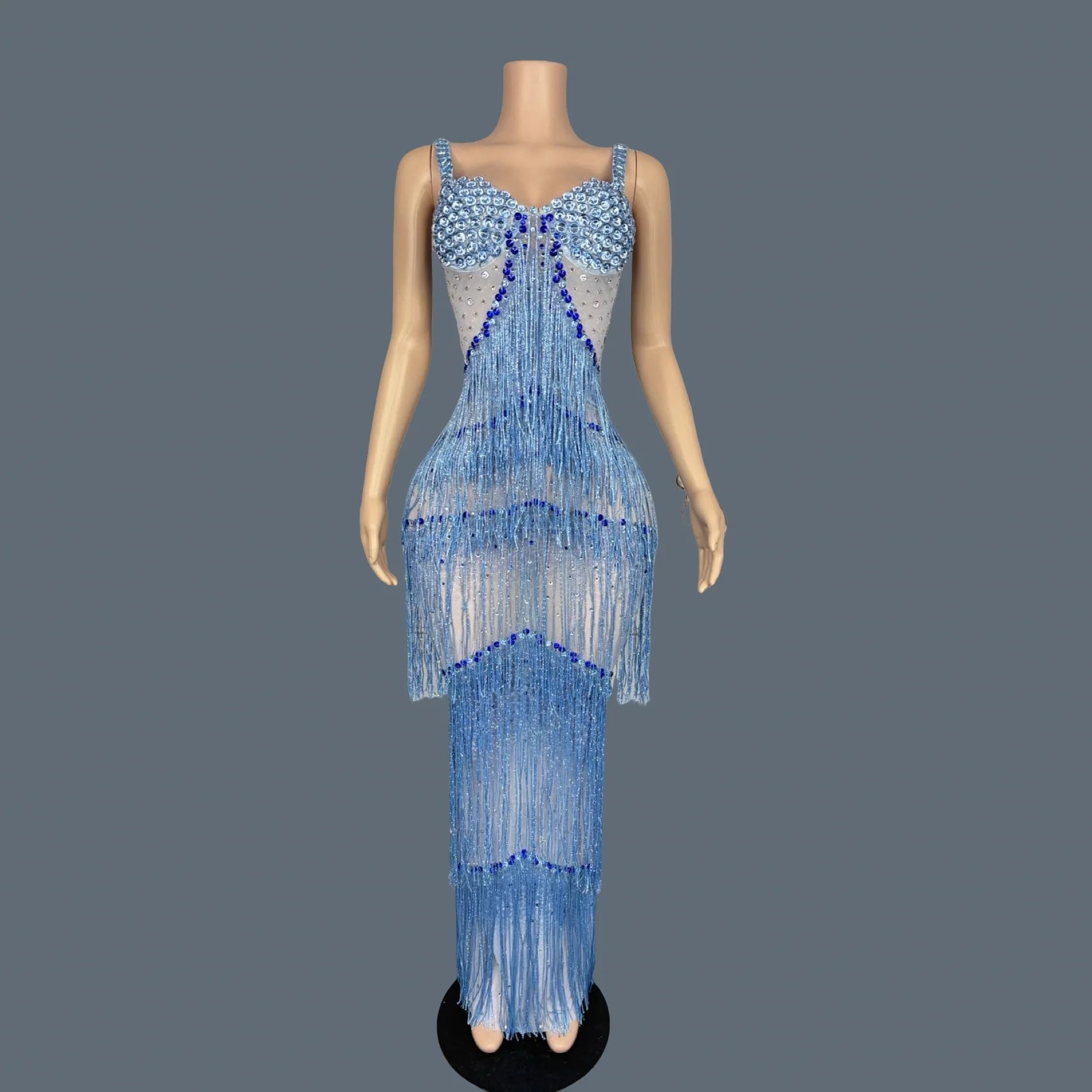 Sparkly Rhinestones Tassel Slip Long Dress Sexy Women Celebrate Prom Sheer Mesh Evening Dress Birthday Photo Shoot Wear lantian Blue