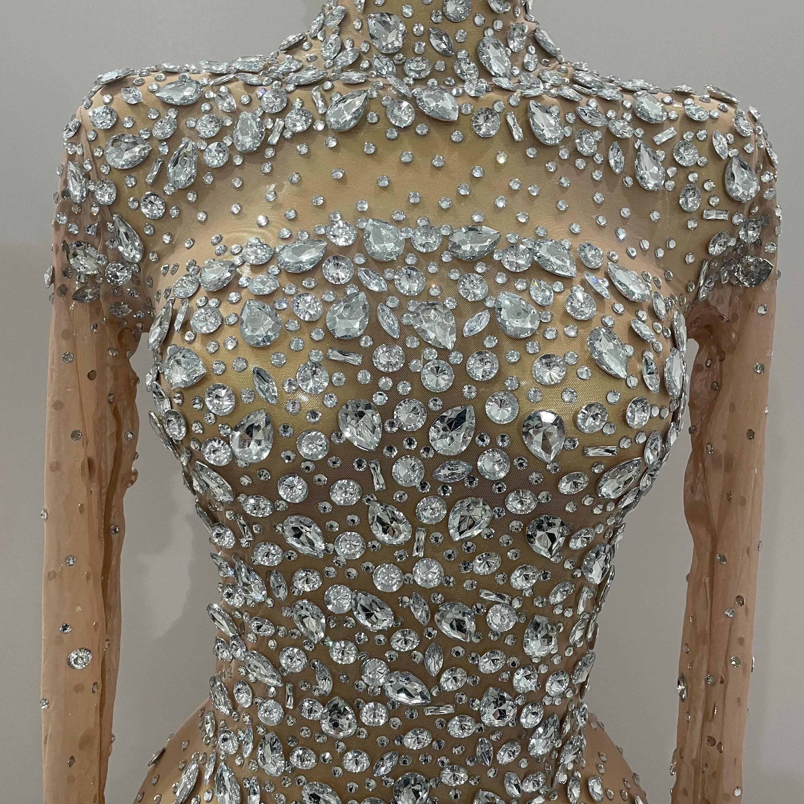 Sparkly Silver Big Rhinestone Sexy Transparent Long Dress 2025 Women Evening Birthday Party Celebrate Club Dancer Stage Costume