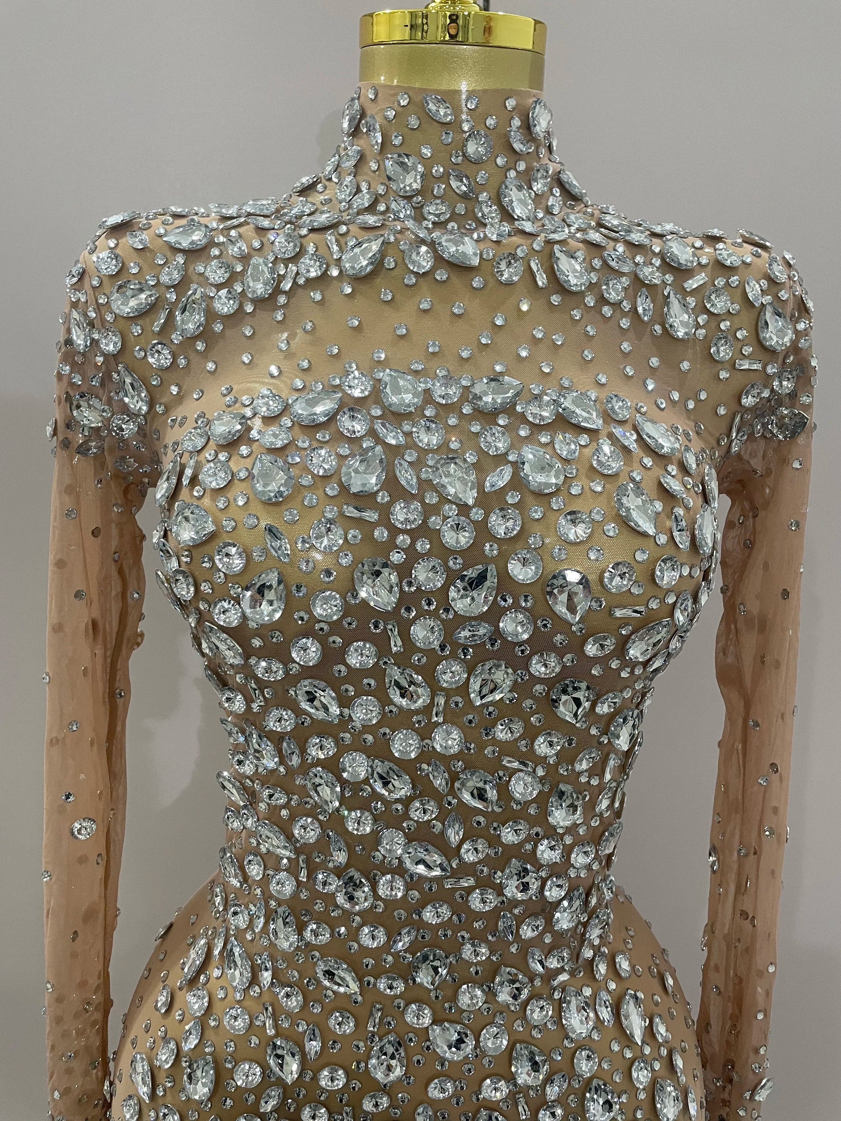 Sparkly Silver Big Rhinestone Sexy Transparent Long Dress 2025 Women Evening Birthday Party Celebrate Club Dancer Stage Costume