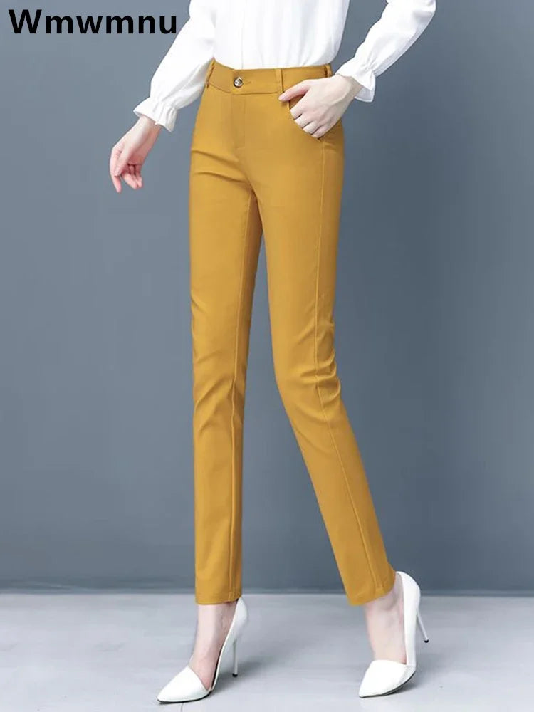 S-4xl Big Size Office Pencil Pants Womens Formal New Elegant OL Work Pantalones Elastic Cotton Slim Ankle-length Trousers