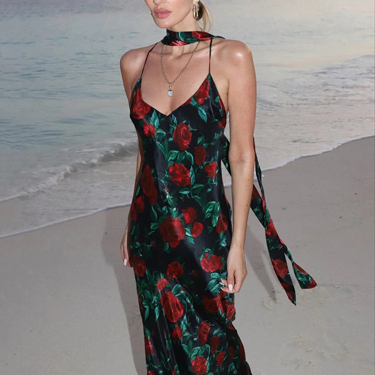 Mozision Halter Backless Print Sexy Maxi Dress For Women Gown Elegant Sleeveless High Waist Evening Club Party Long Dress