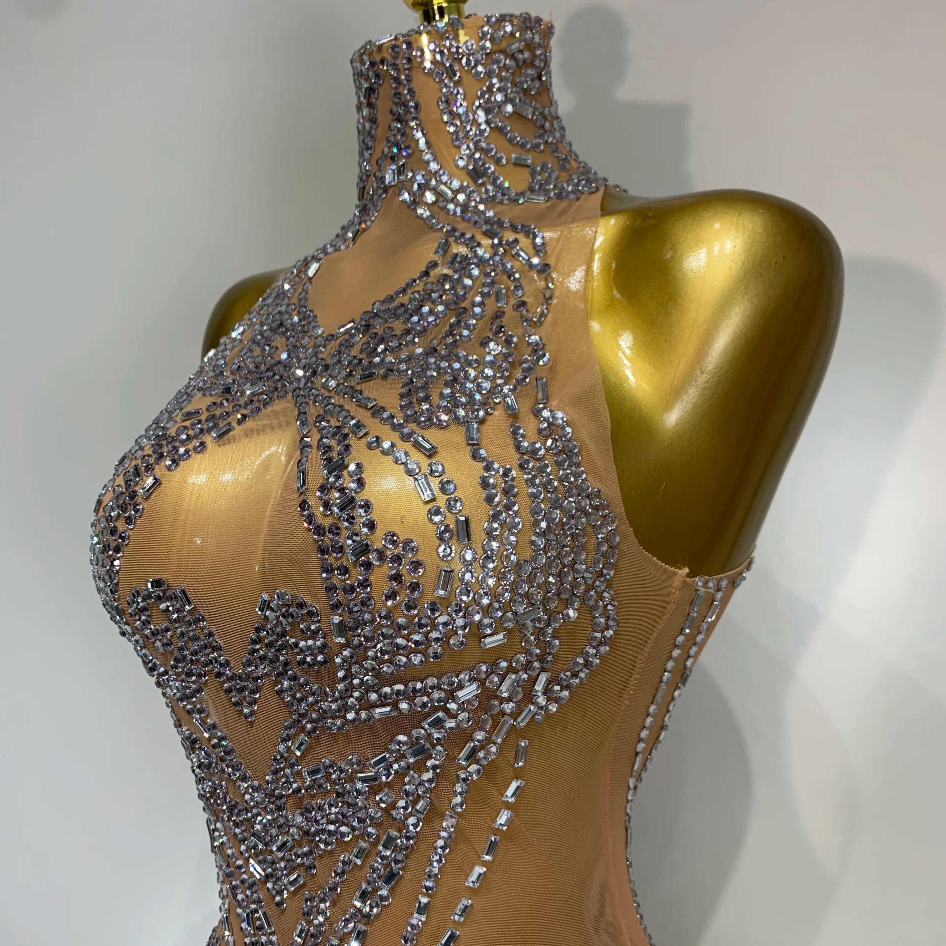 Luxury Women Sexy Sparkly Rhinestone Sleeveless Mesh See Through Bodycon Mini Birthday Dress Evening Party Performance Costume