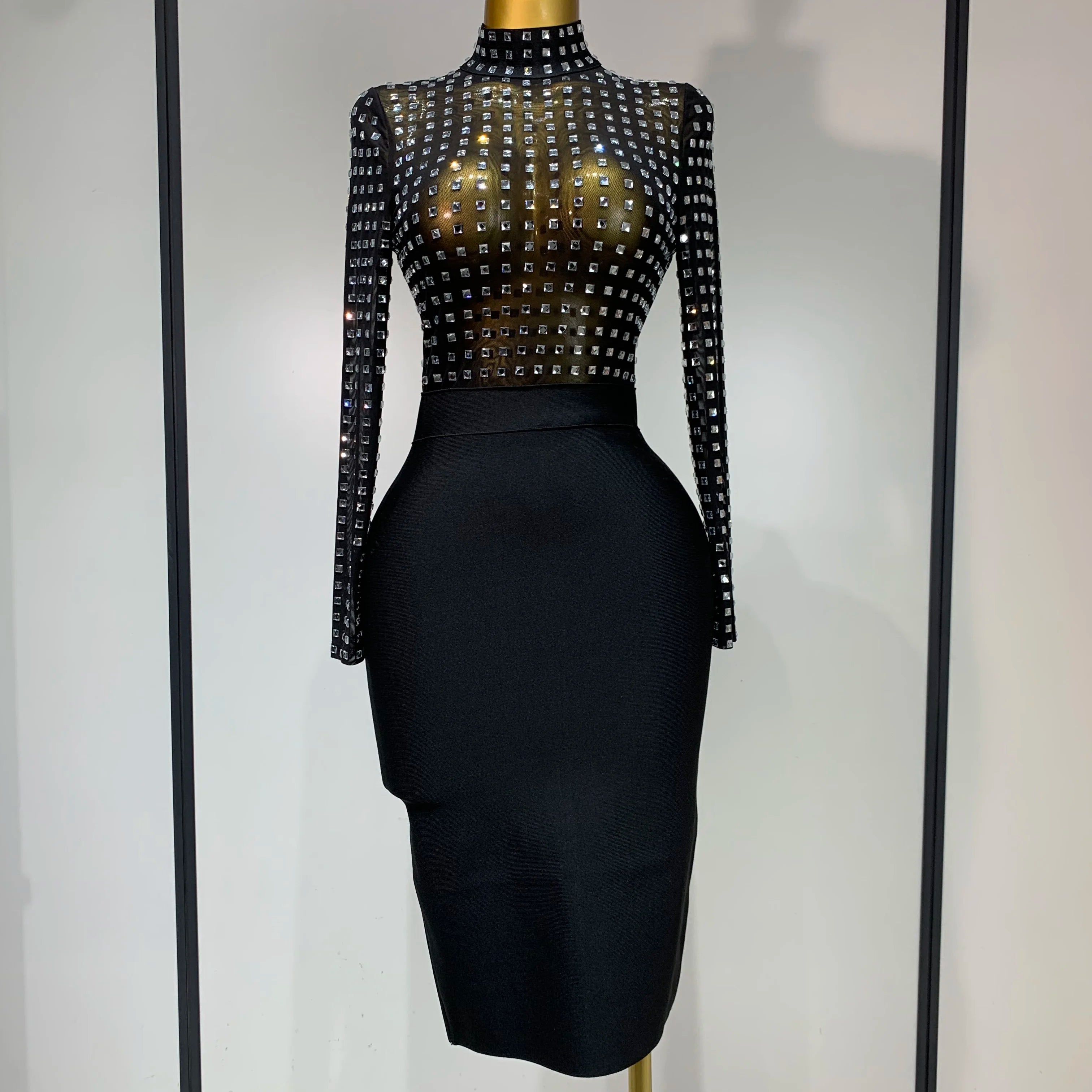 Celebrity Sexy Turtleneck Rhinestones Black Mesh Bodycon Bandage Dress Women 2025 Elegant Evening Club Luxury Birthday Dress black