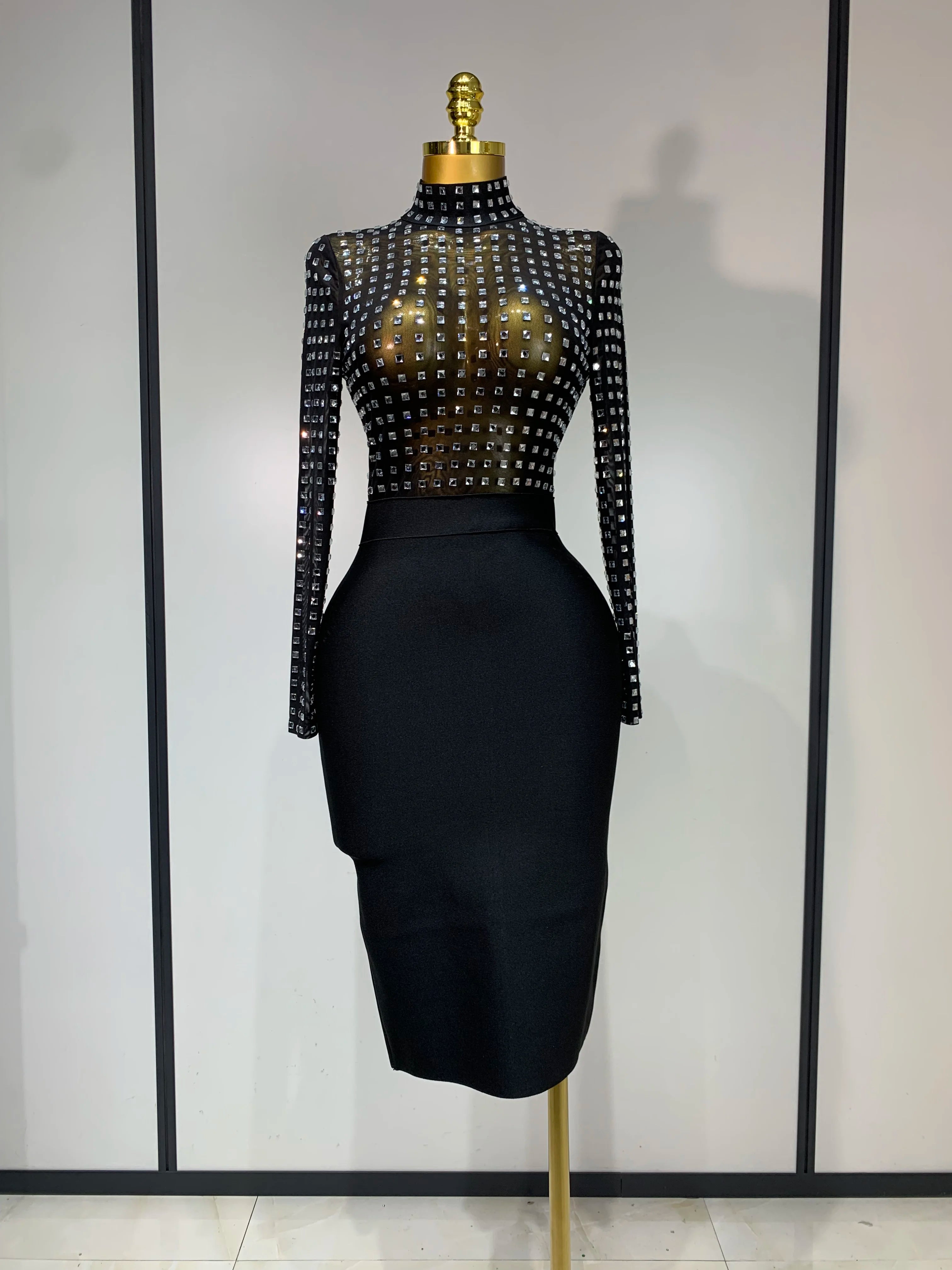 Celebrity Sexy Turtleneck Rhinestones Black Mesh Bodycon Bandage Dress Women 2025 Elegant Evening Club Luxury Birthday Dress black