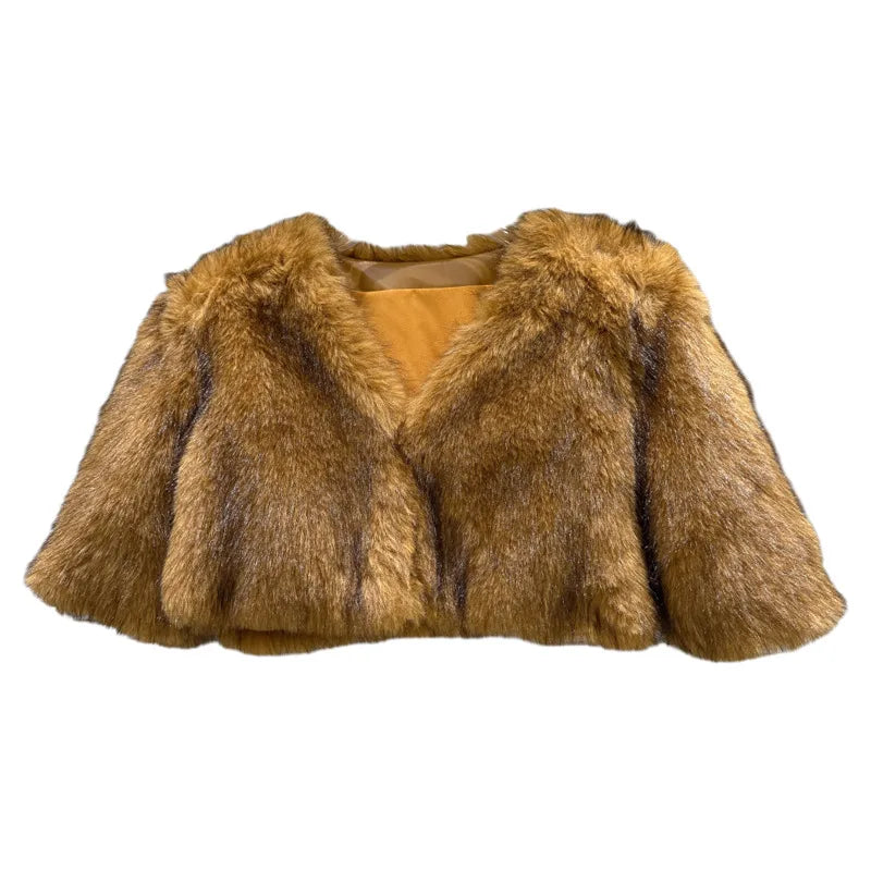 Winter New Style Fashion Faux Fur Short Coat Shawl For Women Solid Color V-neck High Waist Tops Female 11A07686