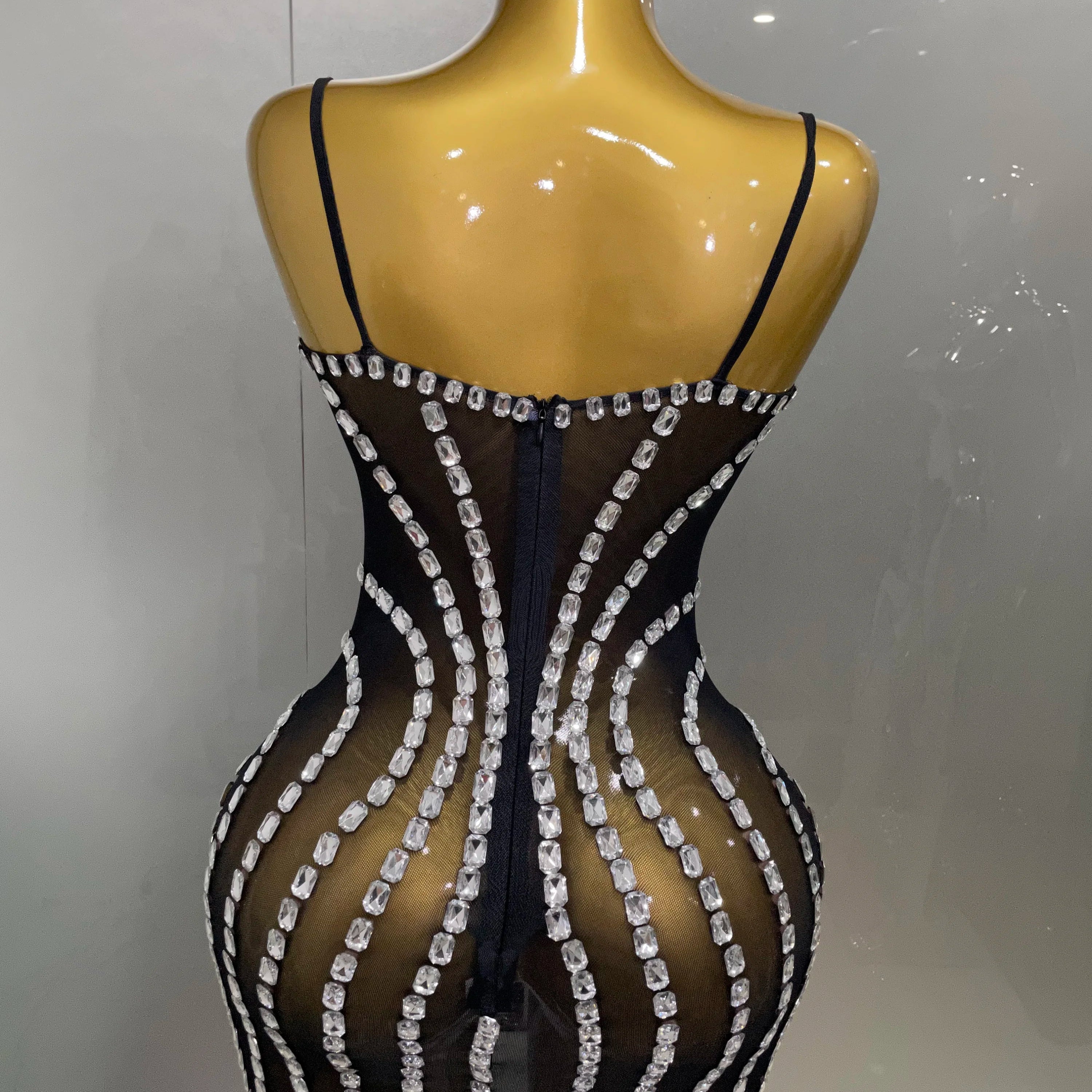 Sexy Sparkly Rhinestones Mesh See Through Short Slip Dress 2025Women Evening Birthday Party Prom Nightclub PhotoShoot Stage Wear