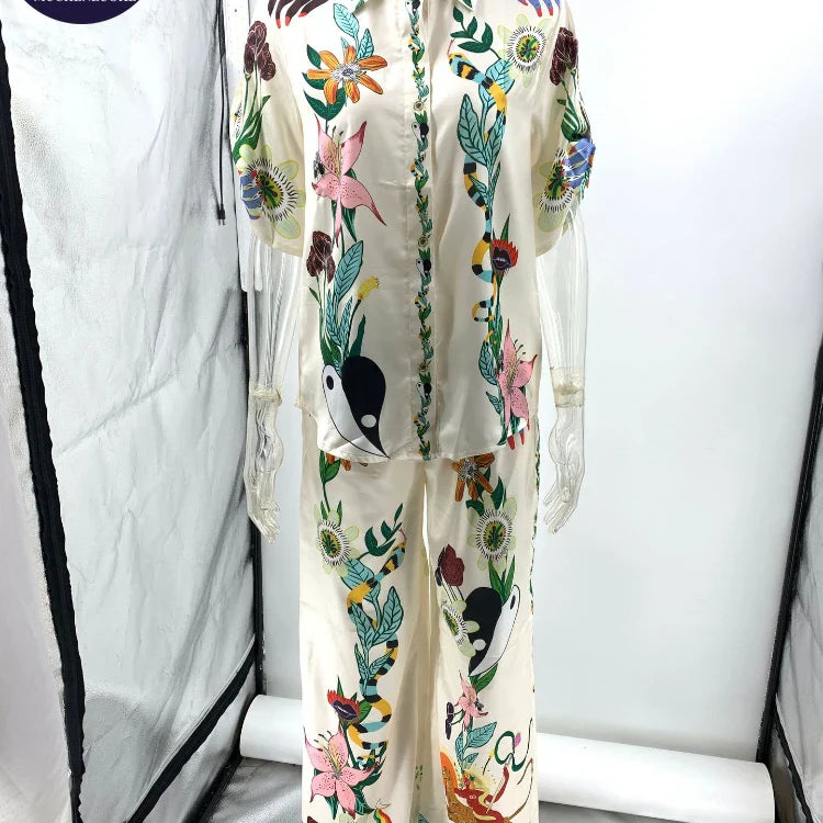 2 Piece Sets Women Outfit Summer New Bohemian Style Printing Half Sleeve Shirt Suits Fashionable Casual Loose Wide Leg Pant Set