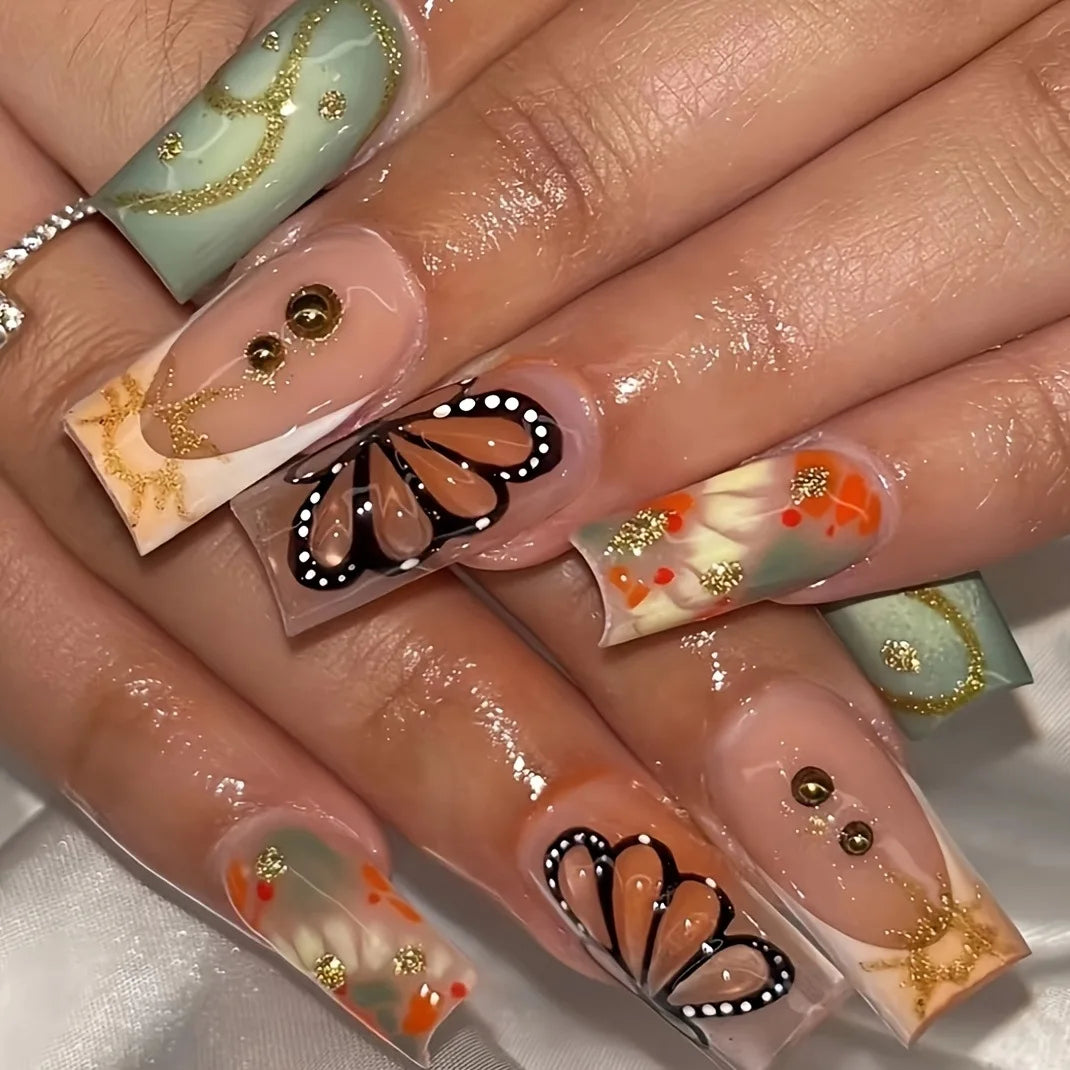 24Pcs Extra Long Square Press on False Nails with Butterfly Design Flowers Bow Pink Full Cover Nails Wearable Fake Nail Manicure 23