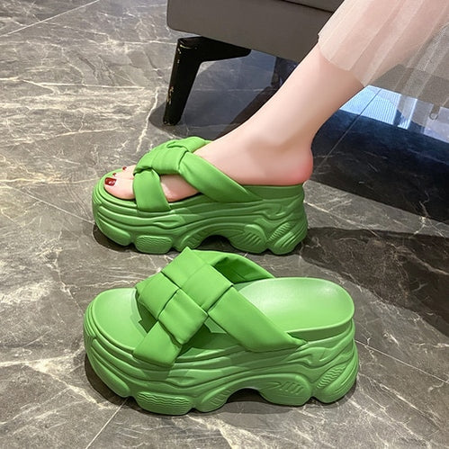 Thick Soles Leather Sandals Women 7.5CM High Platform Slippers Solid Color Woman Chunky Summer Casual Beach Slides Zapatos Mujer Green