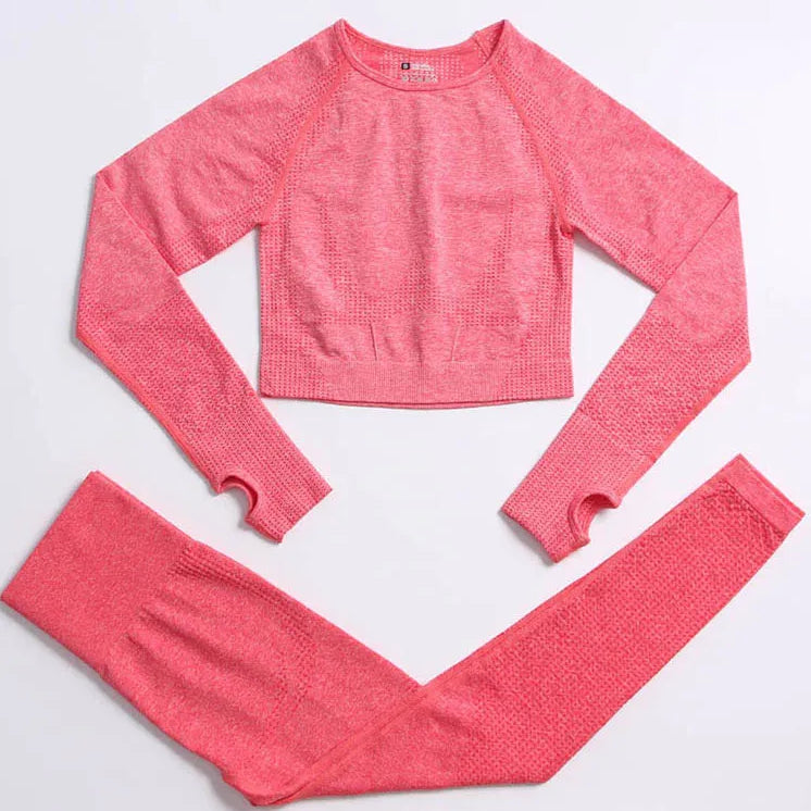 Set of 2 Women's Seamless Yoga Suit with Thumb Holes Long Sleeve Tops Gym Wear Fitness Workout Yoga Wear Leggings Long Pants Orange