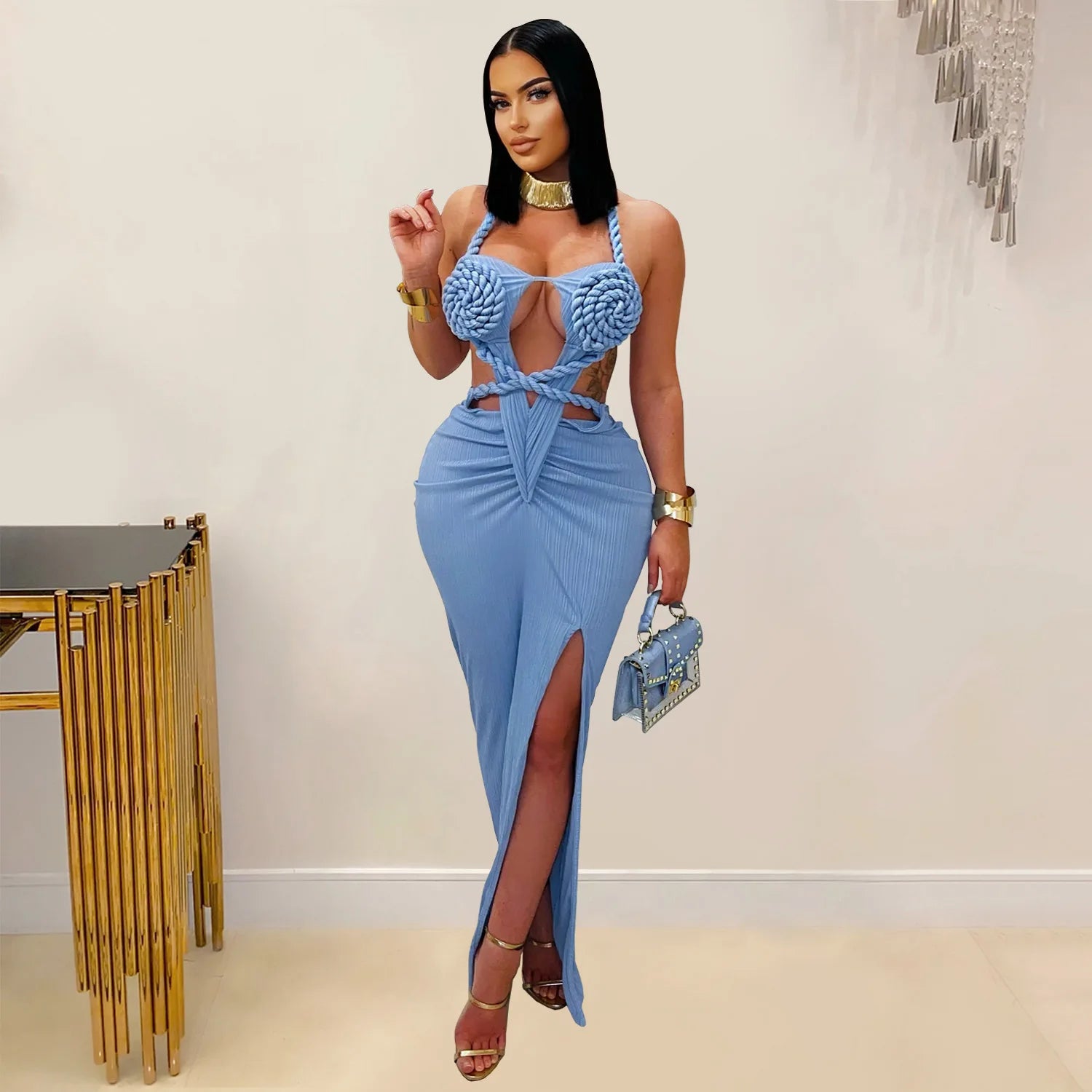 Women Hemp Rope Halter Neck Stacked Ruched High Split Knit Bodycon Midi Maxi Long Dress 2025 Birthday Sexy Party Dresses Blue
