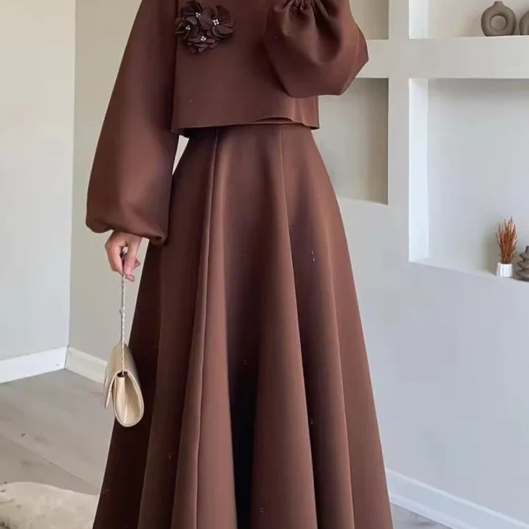 Ramadan Elegant 2 Piece Set Women Lantern Sleeve Flower Crop Top High Waist A-line Skirt Suit Spring Lady Abaya Turkey Sets