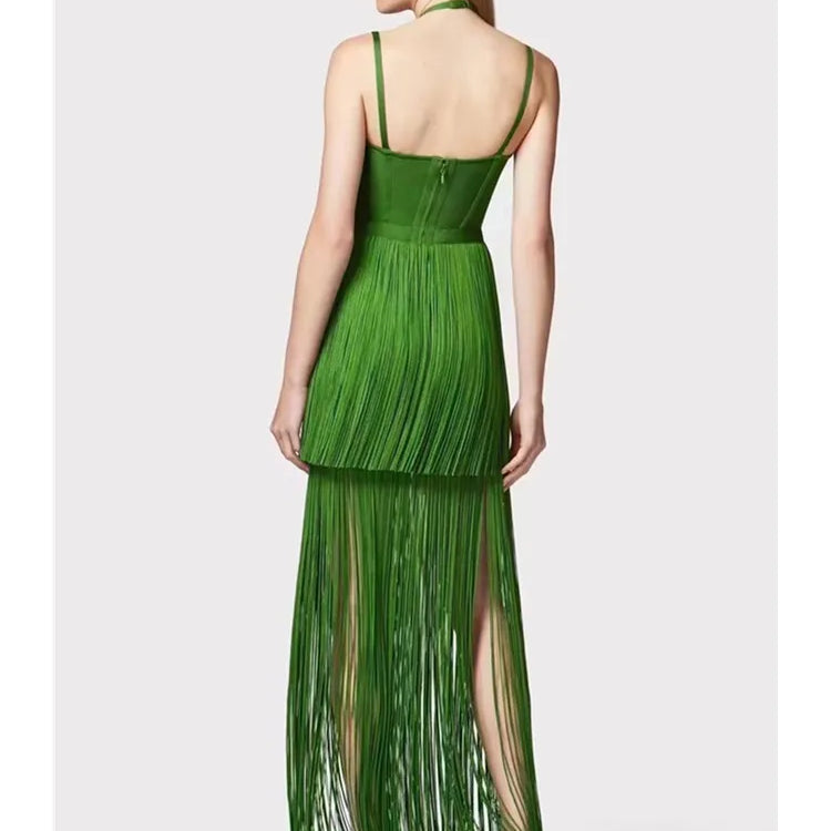 Women Celebrity Luxury Sexy Backless Tassel Green Ankle Length Bodycon Bandage Dress Elegant Evening Club Party Outfit