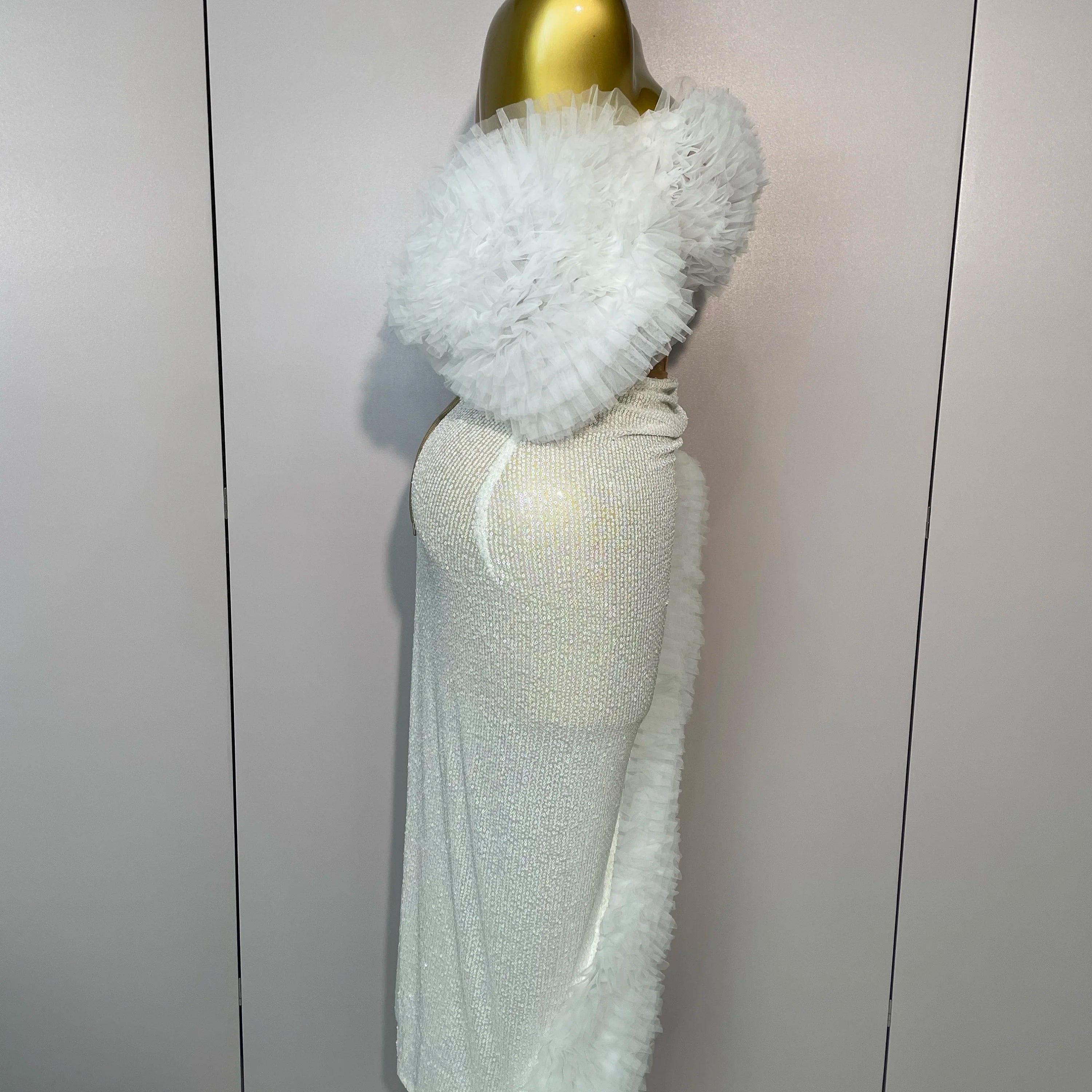 2025 Women White Sequins Top Short Skirt Two Pieces Set Sexy Celebrate Evening Prom Birthday Dress Nightclub Stage Outfit