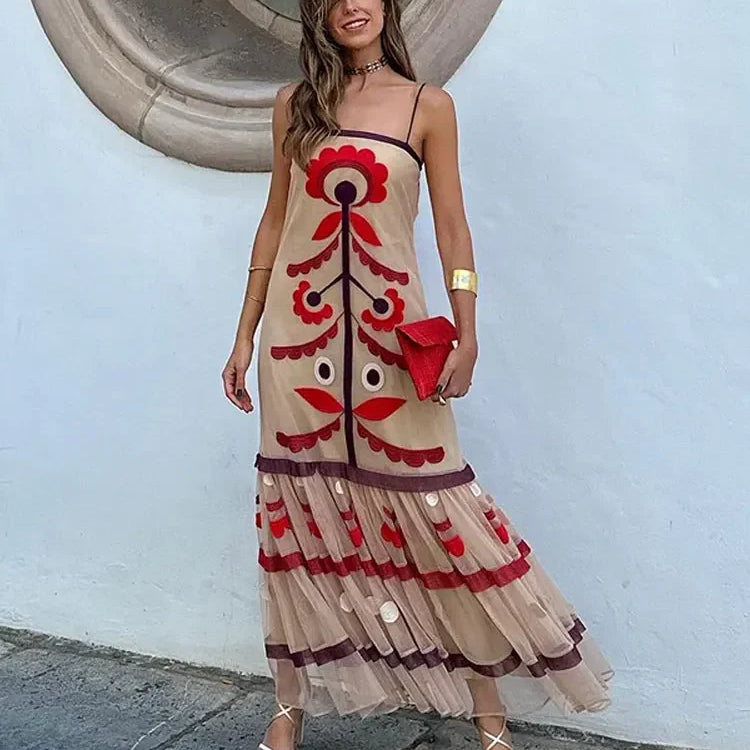 Elegant Print Mesh Ruffles Long Dress For Women Chic Spaghetti Strap Sleeveless Backless Vestidos Lady Holiday Party Robe Red
