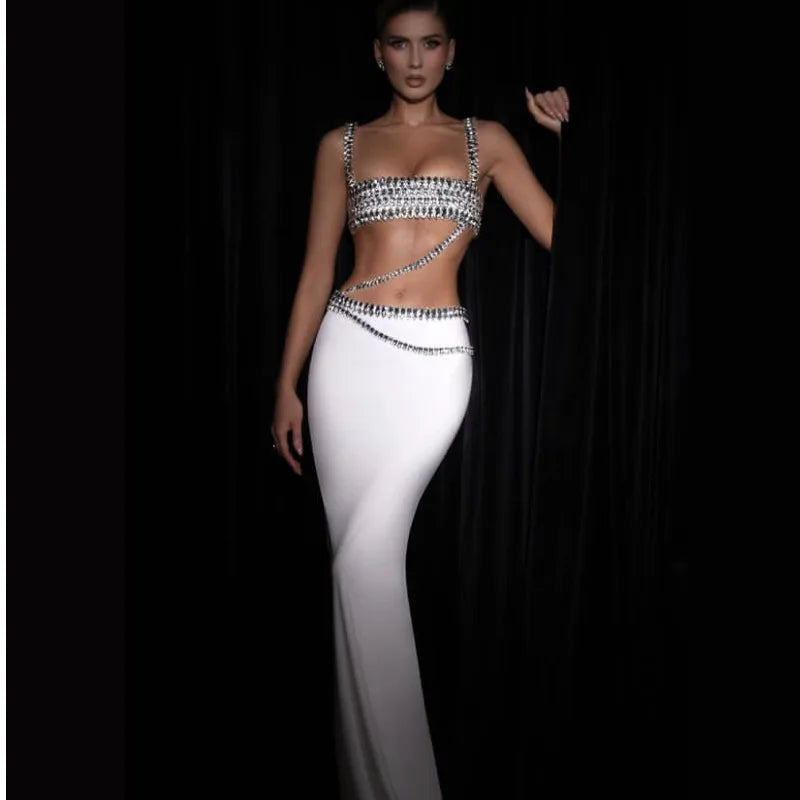 Shinning Big Crystal Women Sexy Strap Holes Bodycon Long Dress Fashion Celebrity Evening Party Red Carpet Dress Vestido WHITE