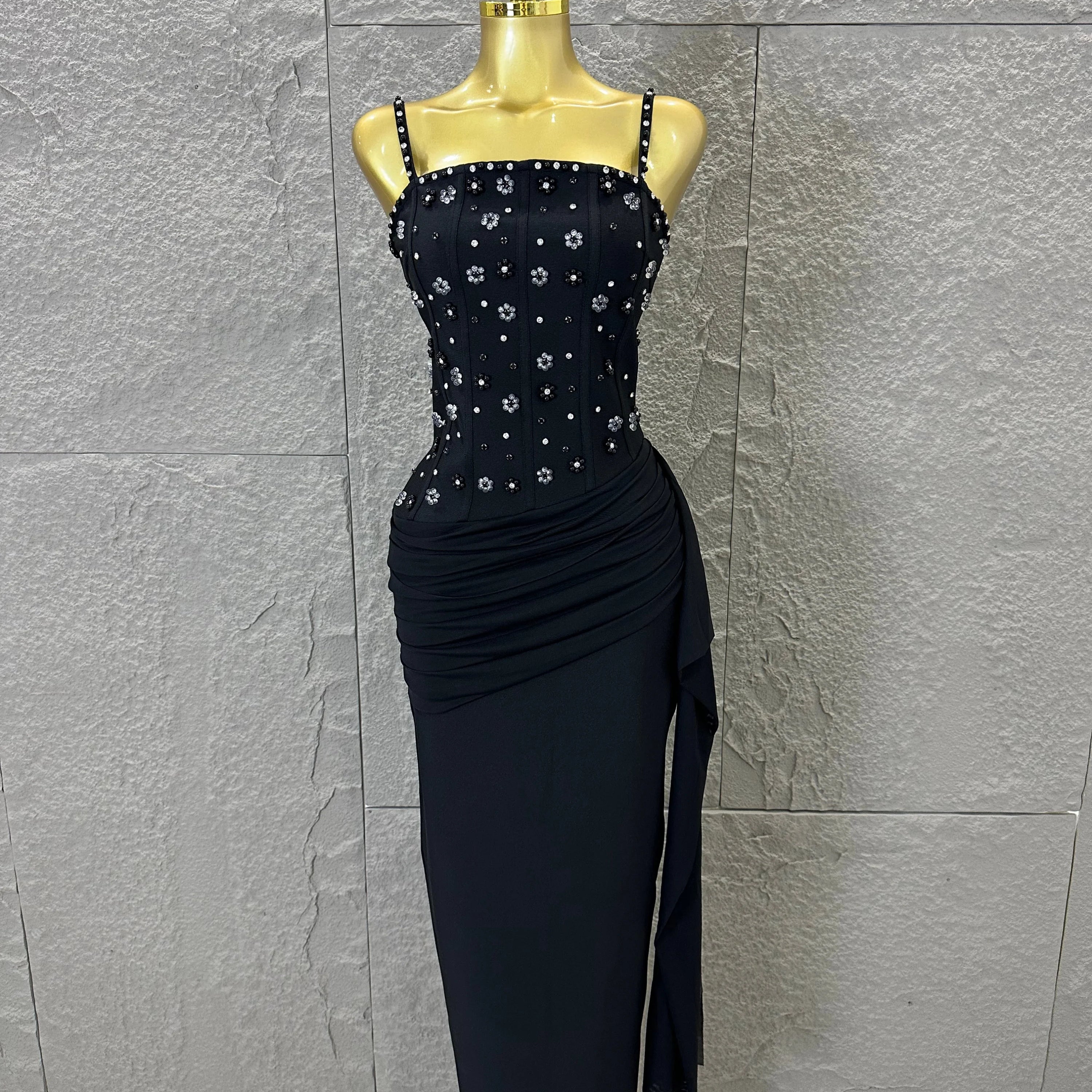 Luxury Black Beaded Corset Maxi Dress Spaghetti Strap Ruched Draped Skirt Formal Gala Evening Cocktail Photoshoot Party Dress