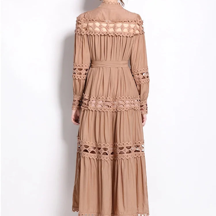 New Spring Autumn Stand Collar Lace Hollowed Out Single Breasted Dress Women's Vintage Elegant Full Sleeve Rnnway Long Dress