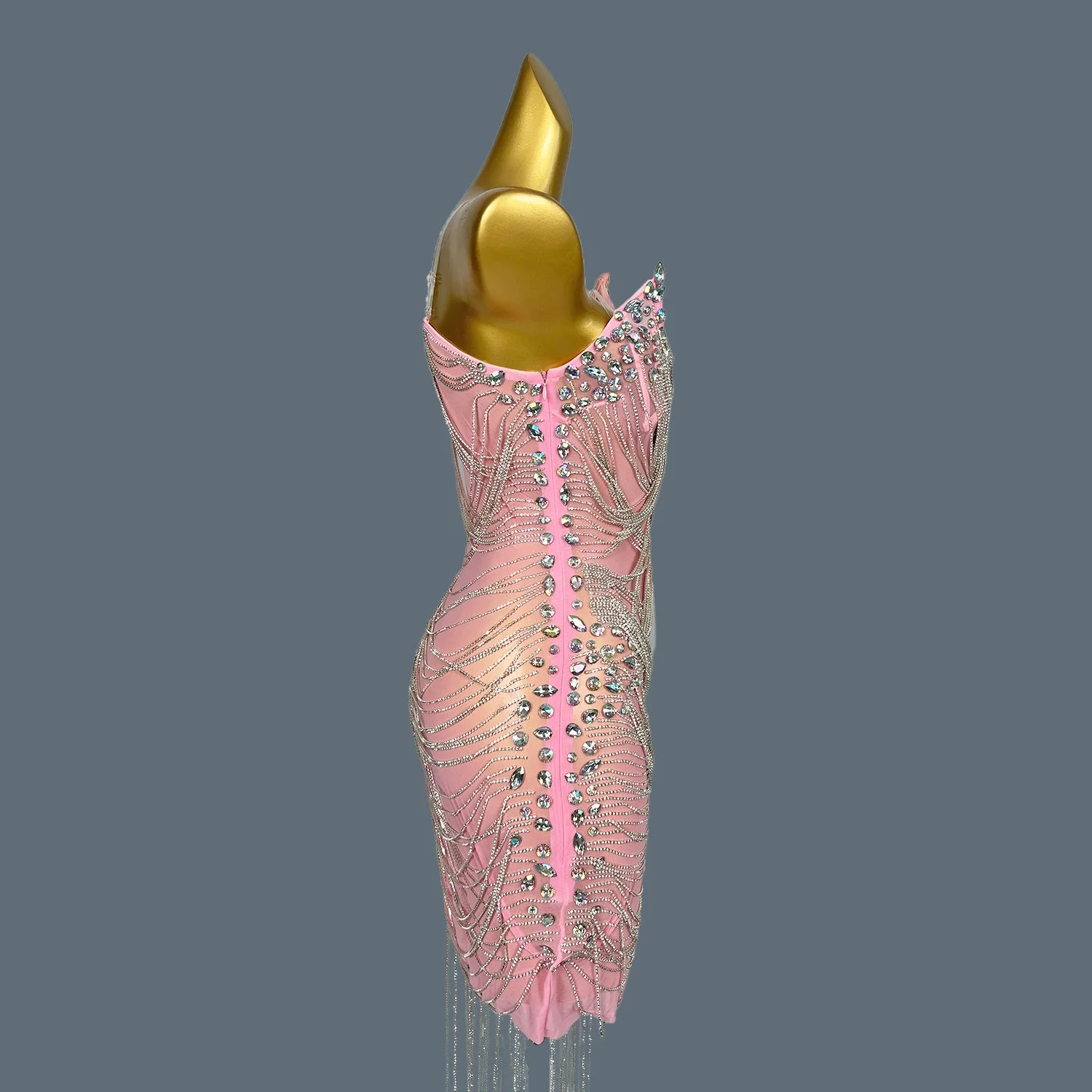 Women Shiny Crystal Chain Diamonds Dress Elastic Sexy Tassel Mini Dress Nightclub Show Costume Birthday Party Dress Tassel Luoli