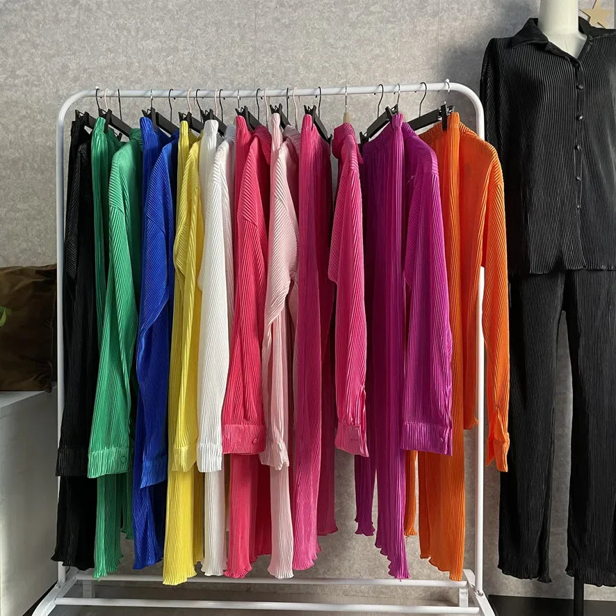 Pleated Solid Women Set Long Sleeve Shirts and Straight Wide Leg Pants Suits Tracksuit Two Piece Set Fitness Outfits