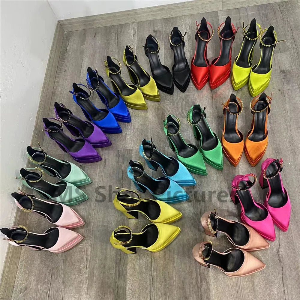 Luxury Women High Heel Shoes Platform Sandals Pointed Toe Woman Silk Pumps Sexy Rhinestone Buckle Chunky Heel Wedding Shoes 2024