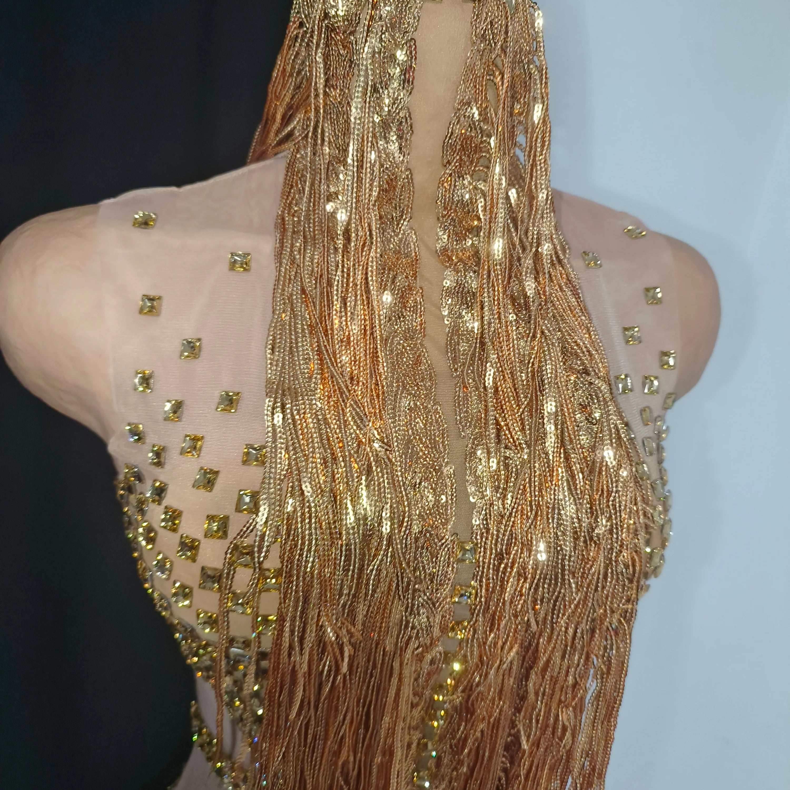 Opulent Gold Halter Neck Mini Dress Women Sexy Crystal Embellished Fringe Trim Form-Fitting Outfit Formal Event Party Costume