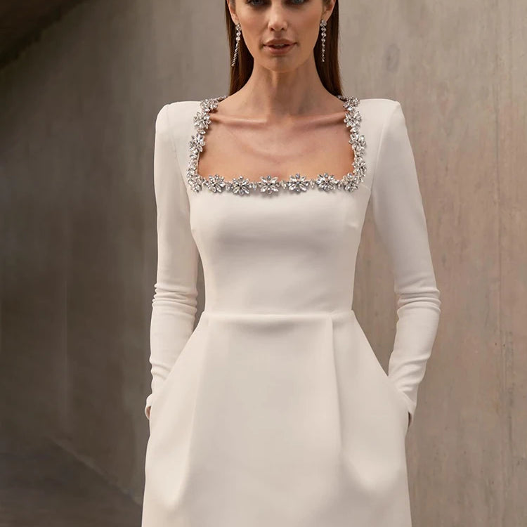 Elegant Dresses For Women Square Collar Long Sleeves Short A-Line Slim White Wedding Party Gown Fashion 2024