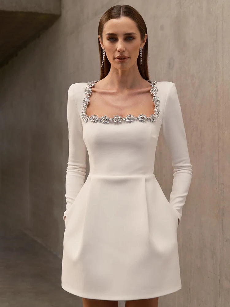 Elegant Dresses For Women Square Collar Long Sleeves Short A-Line Slim White Wedding Party Gown Fashion 2024