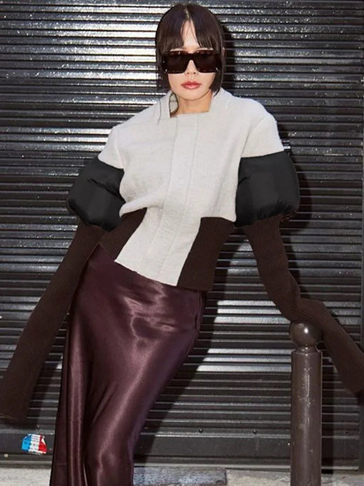 DEAT Fashion Women's Color Block Jackets Long Sleeve Zipper Collarless Slim Short Patchwork Short Coat Spring New 7AB3106