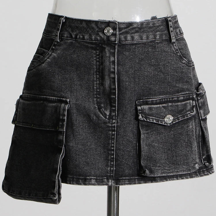 Black Two Piece Sets For Women Lapel Long Sleeve Short Top High Waist Patchwork Pocket Mini Skirt Denim Set Female