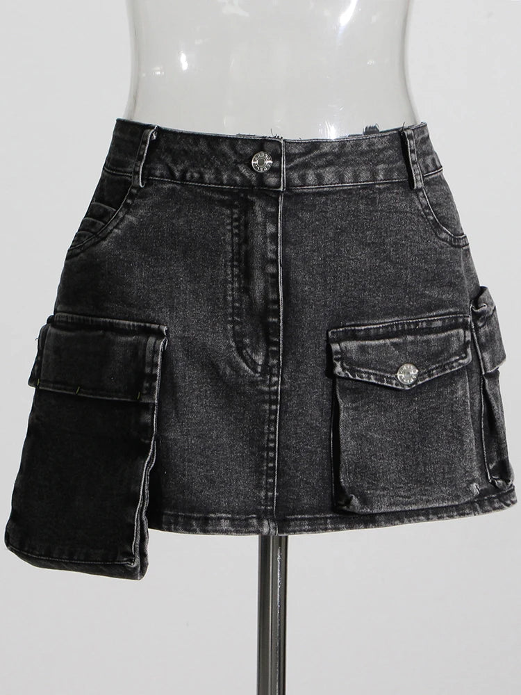 Black Two Piece Sets For Women Lapel Long Sleeve Short Top High Waist Patchwork Pocket Mini Skirt Denim Set Female