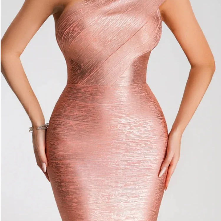 New Pink Foil Color Women Sexy One Shoulder Bodycon Mini Bandage Dress Celebrate Fashion Birthday Party Cocktail Dress