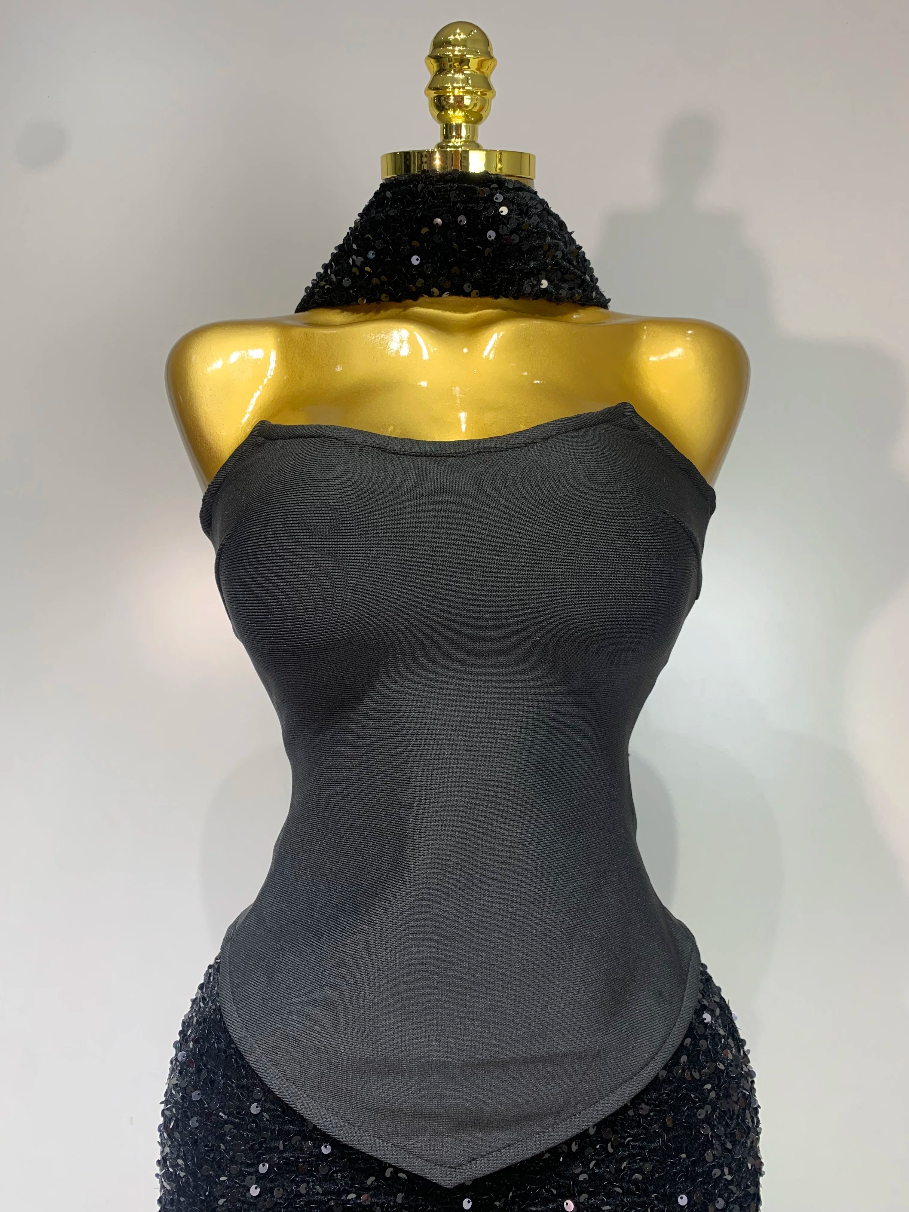 Women Sexy Strapless Sequin Black Maxi Long Bandage Three Piece Set 2025 Knitted Elegant Evening Club Party Birthday Prom Gowns