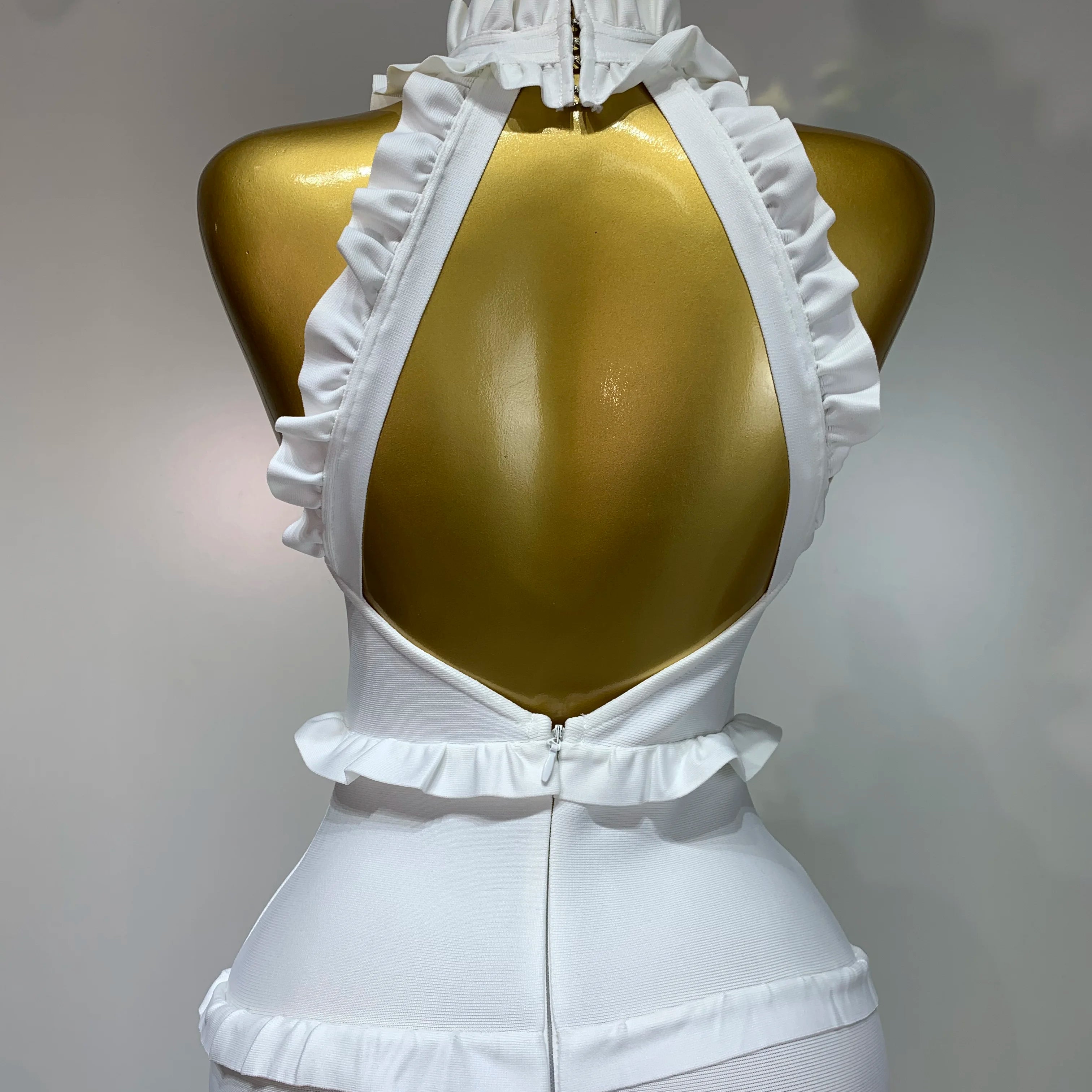 2025 New High quality White Elagant Retro Ruched High Collar Bodycon Bandage Dress Evening Party Fashion Simple Birthday Gown