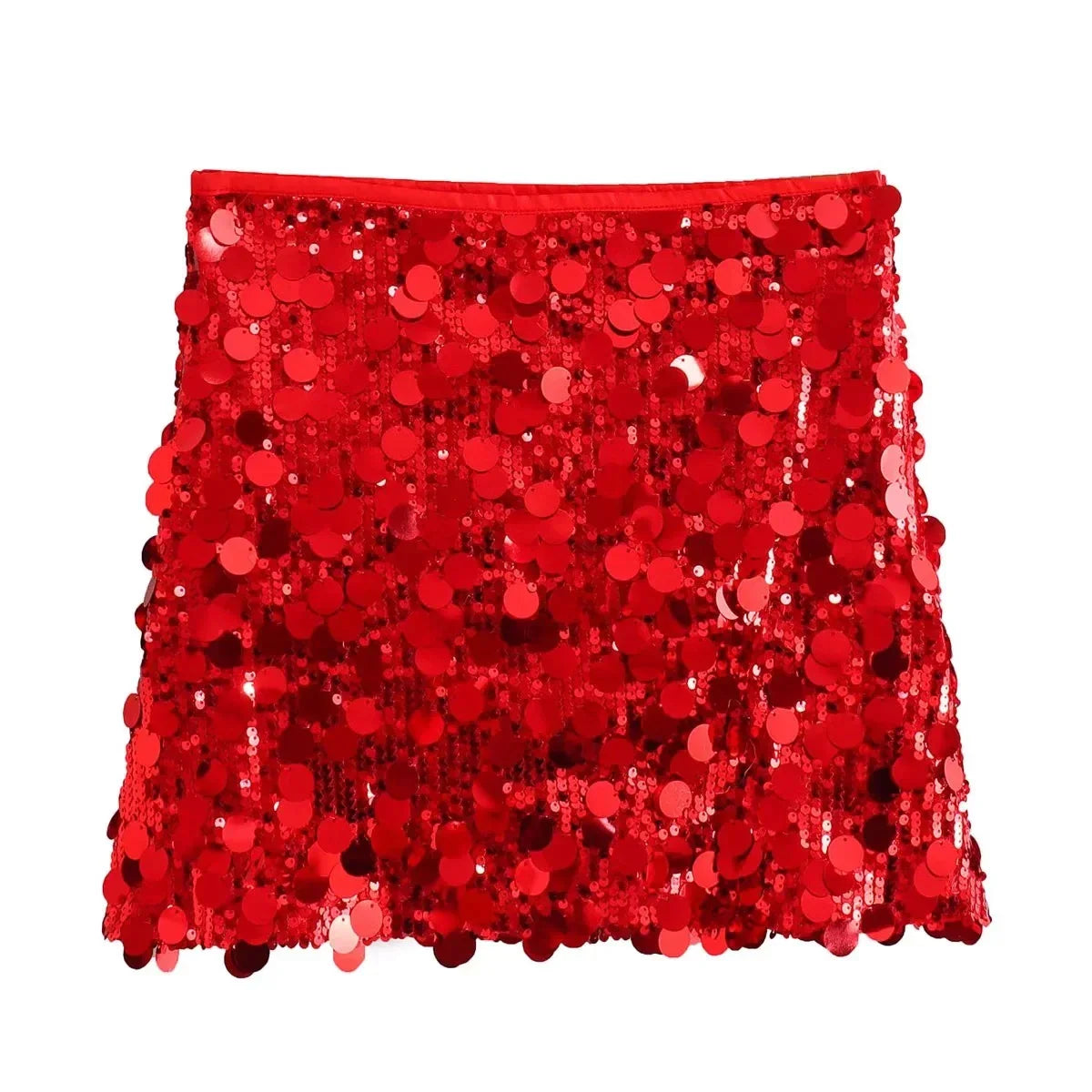 TRAFZA Women New Fashion Y2K Shiny Sequin Skirt Female Elegant High Waist Mini Skirts Casual Woman Sexy Chic Party Skirts bright red