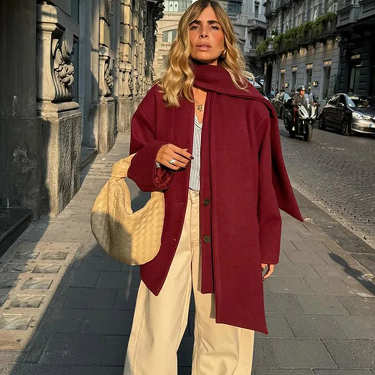 New Fashion Burgundy Red Woolen Suit Jacket With Scarf Collar Women Chic Oversized Flip Pockets Solid Coats Lady Streetwear Burgundy red