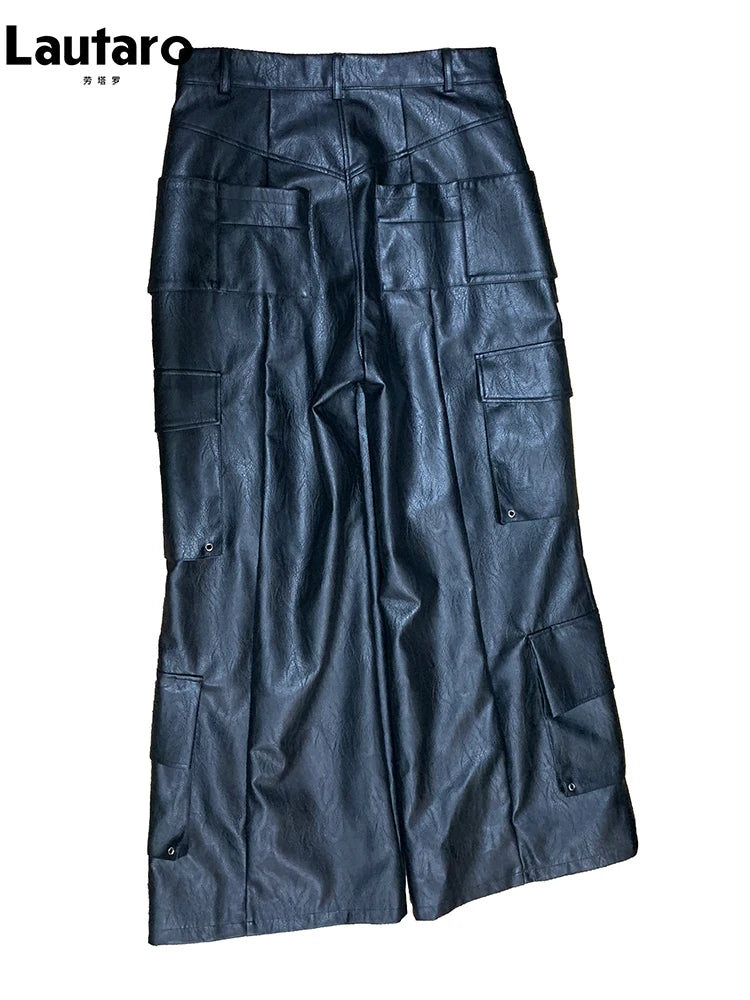 Mauroicardi Autumn Baggy Black Faux Leather Wide Leg Cargo Pants Men with Many Pockets Luxury Mens Designer European Clothing