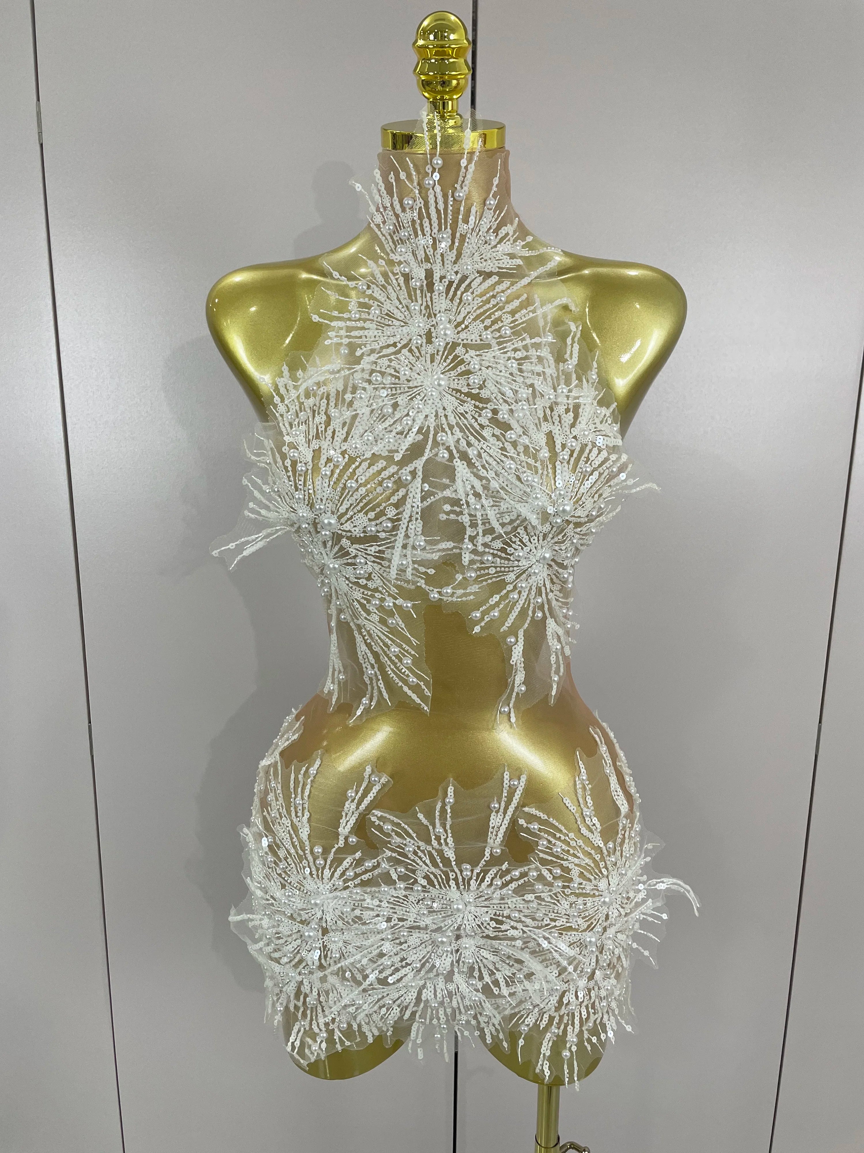 Stock Women Sexy Mesh See Through Pearl Lace Party Mini Dress Celebrate Birthday Photo Shoot Wear Performance Stage Costume WHITE