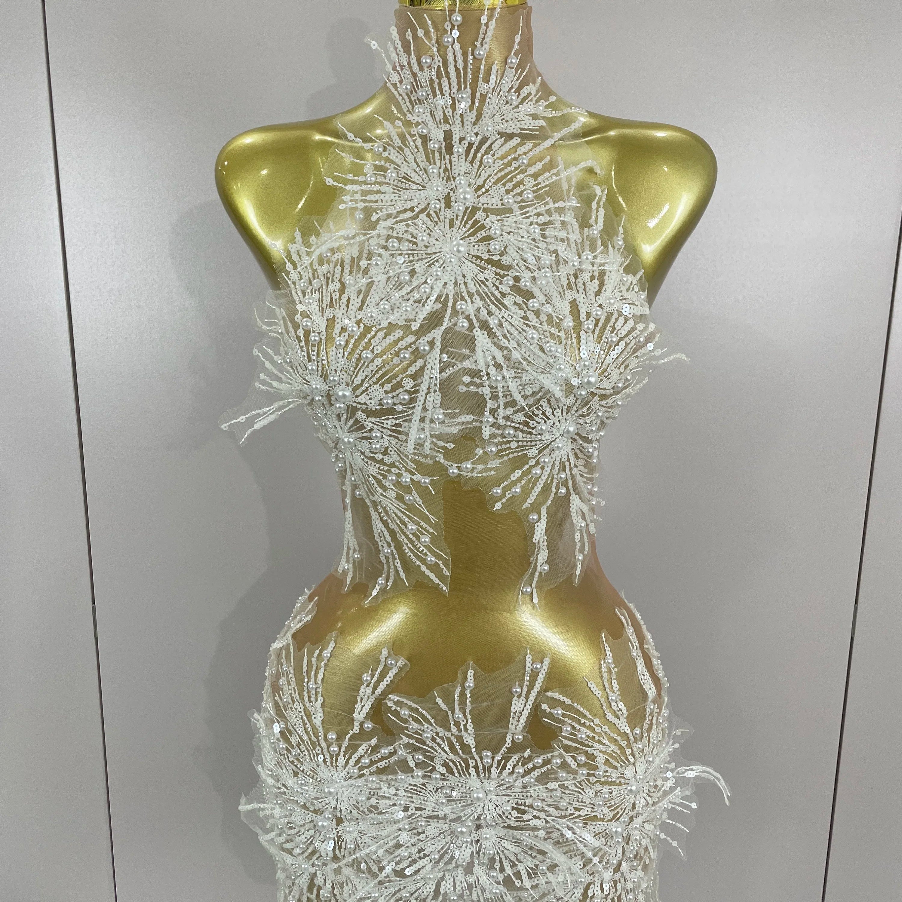 2025 Sexy Pearl Sequins Tassel Sleeveless Glitter Mini Dress Women Singer Bar Nightclub Stage Performance Clothing Show Outfit White