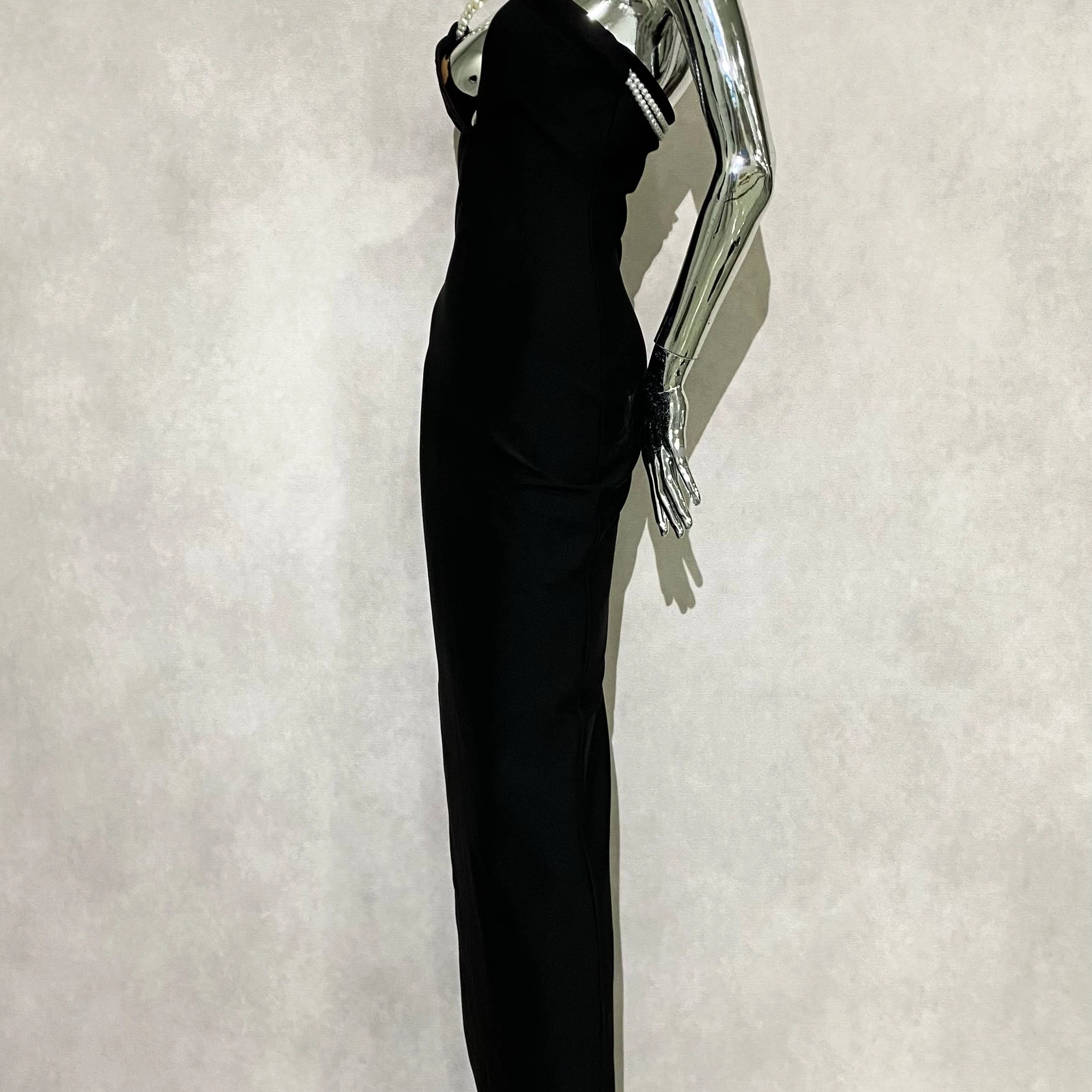 Stereoscopic Pearl Design Sexy V-Neck Package Hips Black Bandage Long Dress Elegant Woman Party Dress Celebrity Benquet Vestido