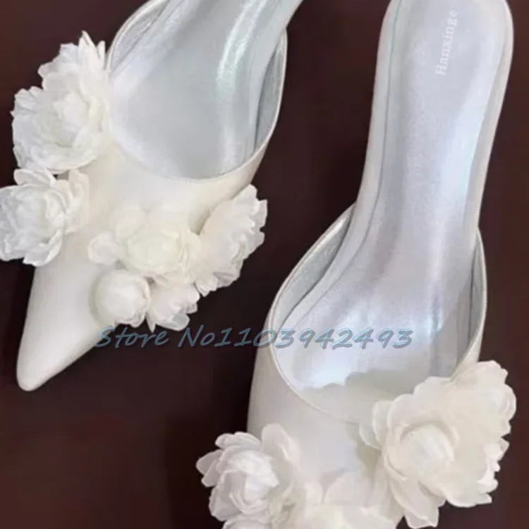 Multi Flower Wedding Sandals Satin Pointed Toe White Pull On High Heel Solid Slip On Blossom Shallow Outdoor Dress Party Mules
