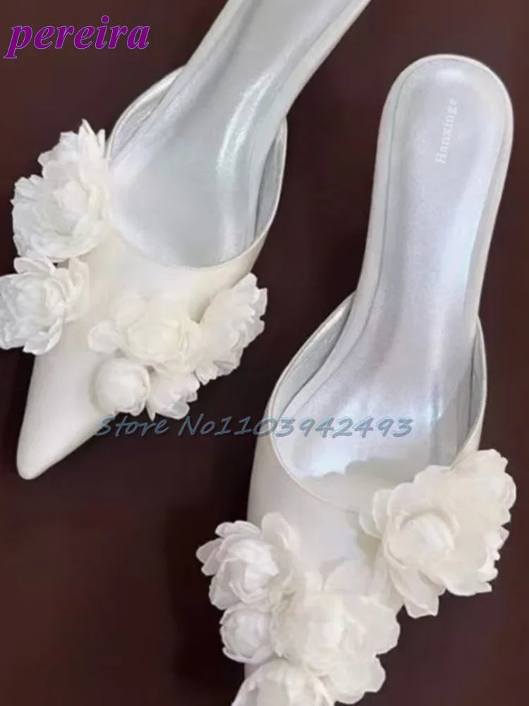 Multi Flower Wedding Sandals Satin Pointed Toe White Pull On High Heel Solid Slip On Blossom Shallow Outdoor Dress Party Mules