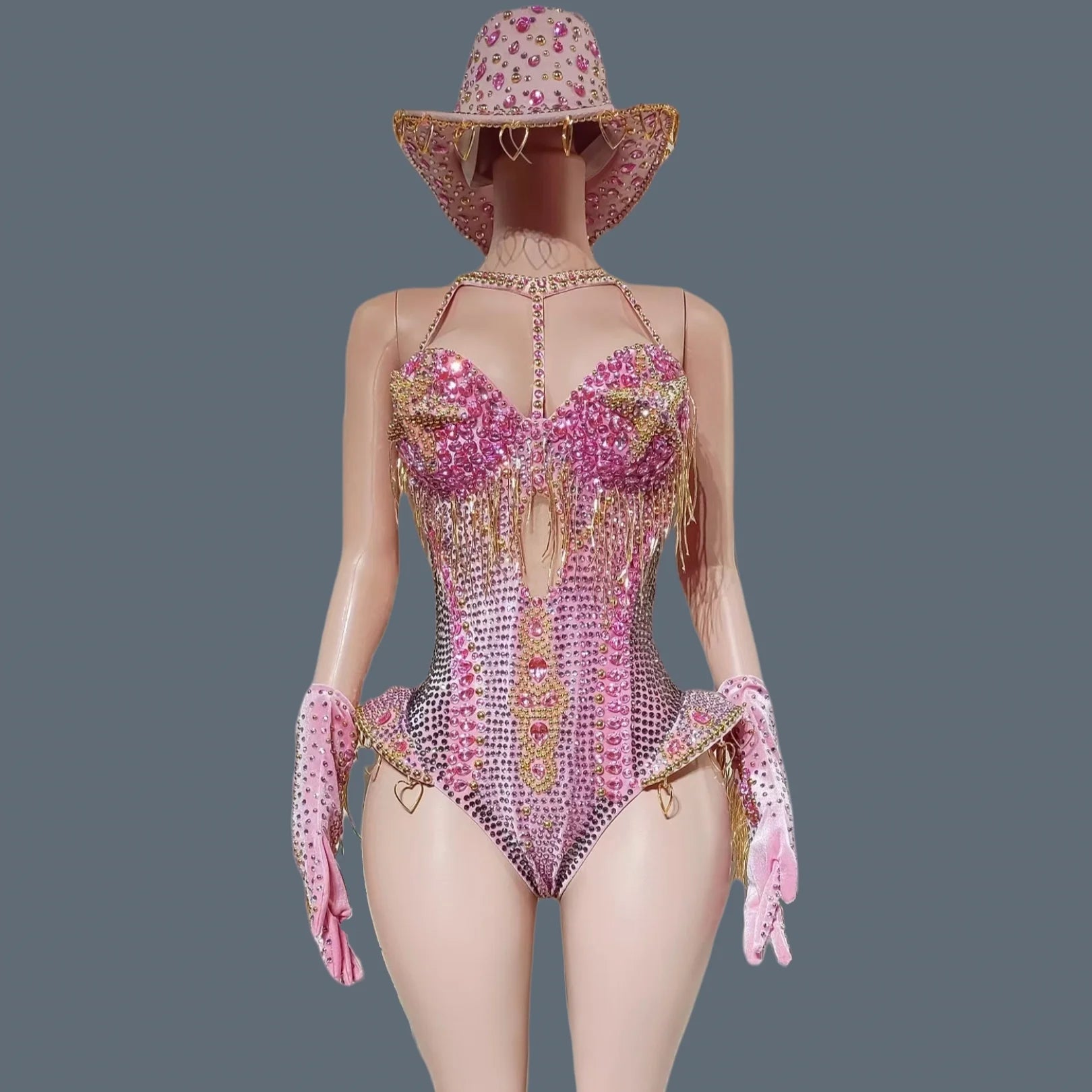 Luxury Women Crystals Tassel Bodysuit Set Cowboy Night Party Jumpsuit Stage Show Outfit Festival Celebrate Sexy Wear Hongding Pink