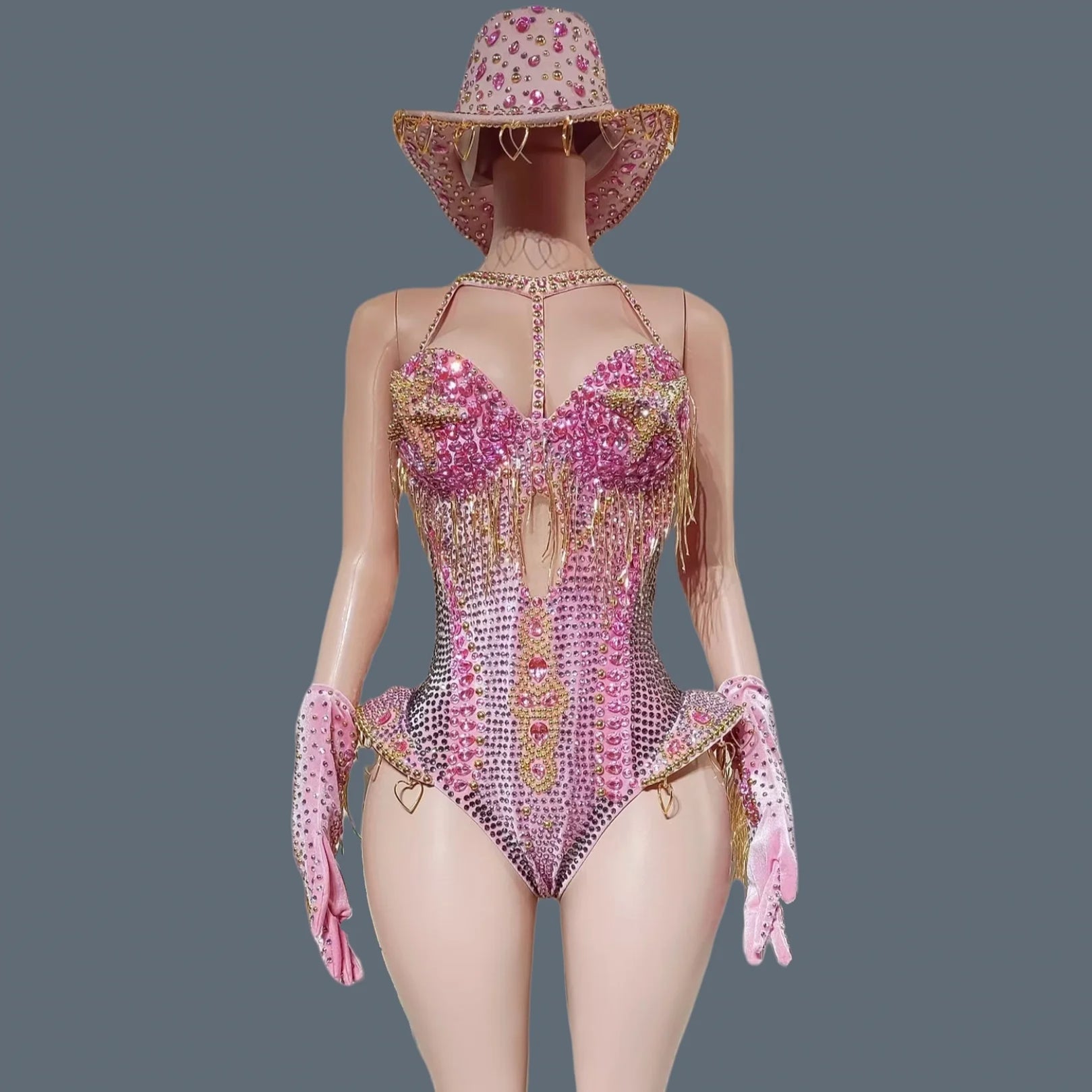 Sparkly Rhinestone Tassel Luxury Bodysuit 4Piece Set Cowboy Night Out Party Outfit Stage Show Jumpsuit Carnival Wear Hongding Pink