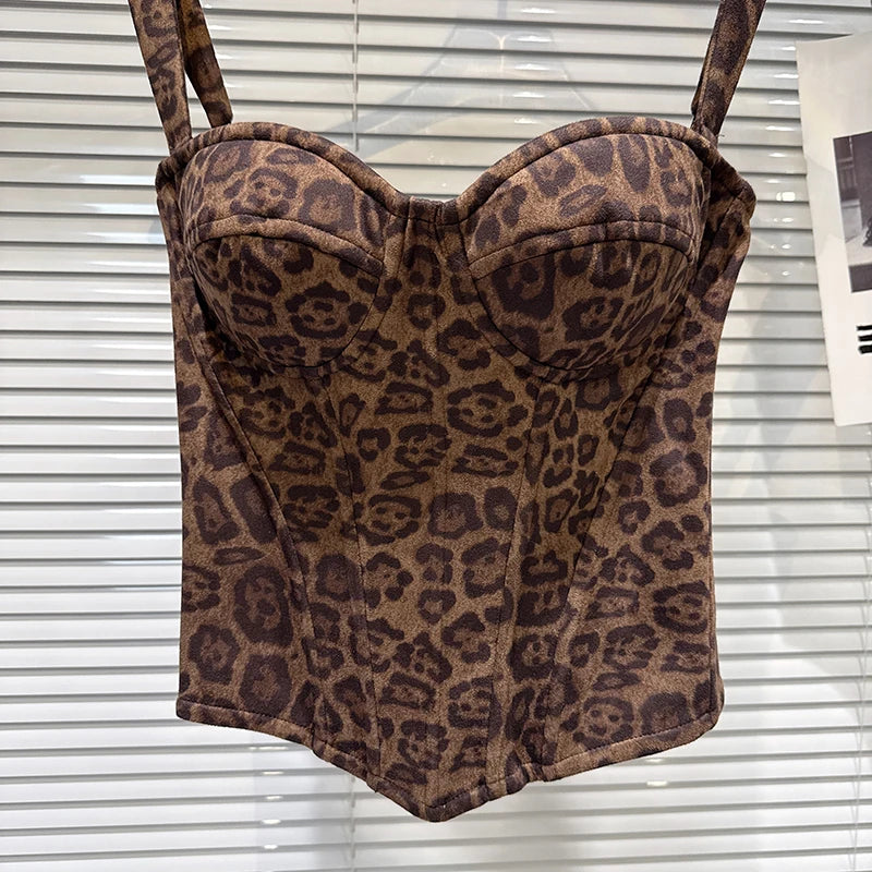 Winter New Fashion Suede Leopard Print Fishbone Waist Cinching Chest Pad Camisole For Women Tank Tops Female 11A07581
