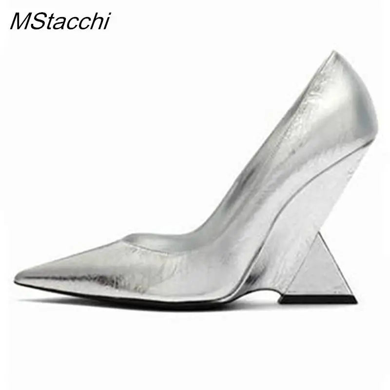 Runway Women Heels Pumps 2025 Designer Shoes Patent leather Pointed Toe Slingback Shallow Luxury Brand Strange Heel Woman Shoes Silver