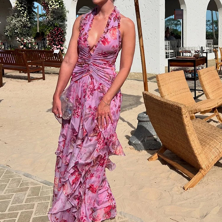 Elegant Pink Floral Halter-Style Ruffled Dress with Side Slit for High-Profile Outdoor Occasions Evening Gown