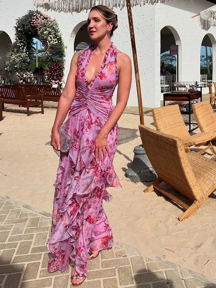 Elegant Pink Floral Halter-Style Ruffled Dress with Side Slit for High-Profile Outdoor Occasions Evening Gown