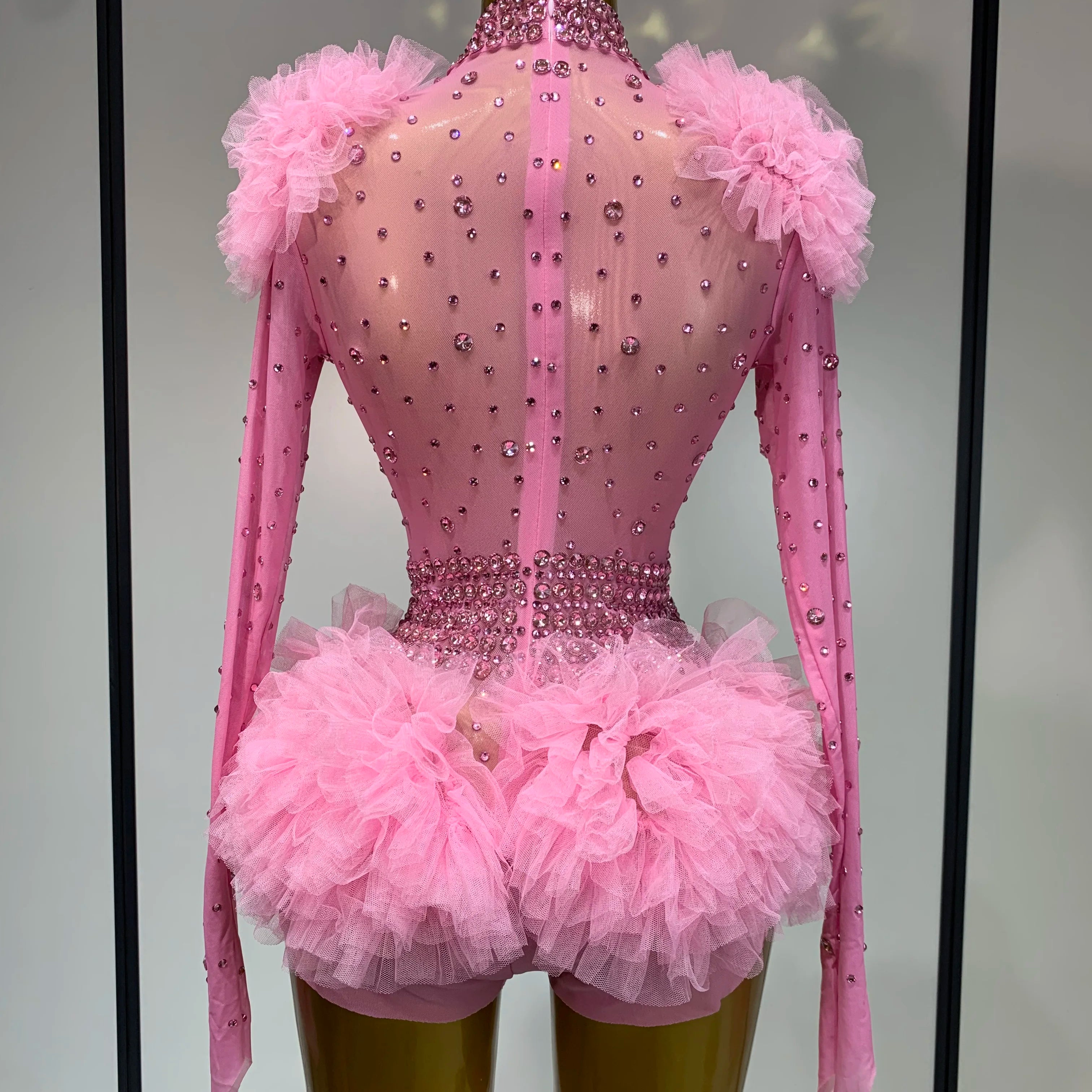 Sexy See Through Rhinestone Bodysuit 2025 Women Sexy Tight Mesh Ruffles Performance Dancer Singer Costume Nightclub Stage Outfit